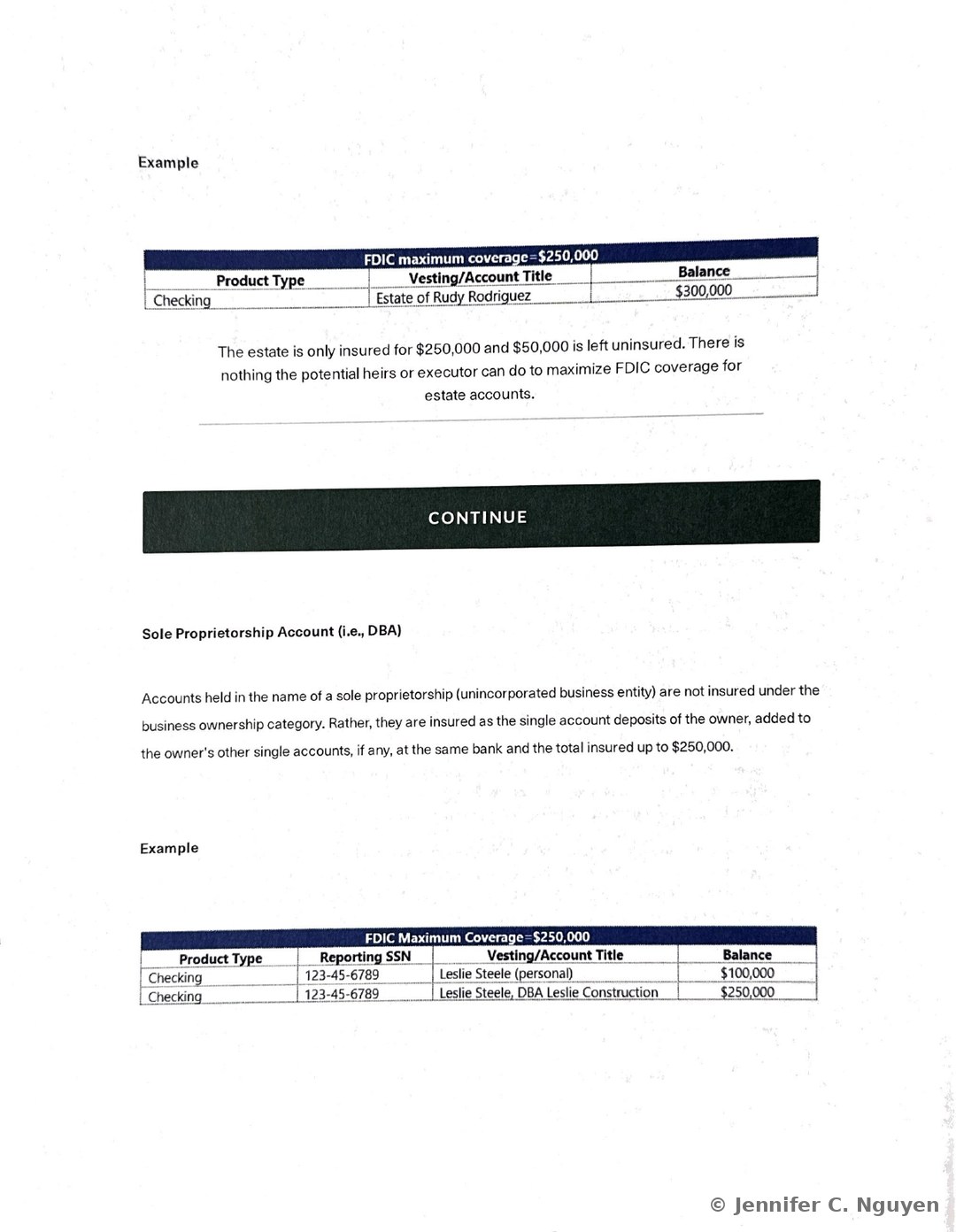 Example table showing a Checking account titled Estate of Rudy Rodriguez with a $300,000 balance, a paragraph explaining the estate is only insured for $250,000 with $50,000 left uninsured and that heirs or an executor cannot do anything to maximize FDIC coverage for estate accounts, a black Continue bar, a Sole Proprietorship Account (i.e., DBA) heading, and a paragraph explaining that sole proprietorship accounts are insured as the single account deposits of the owner rather than under the business ownership category