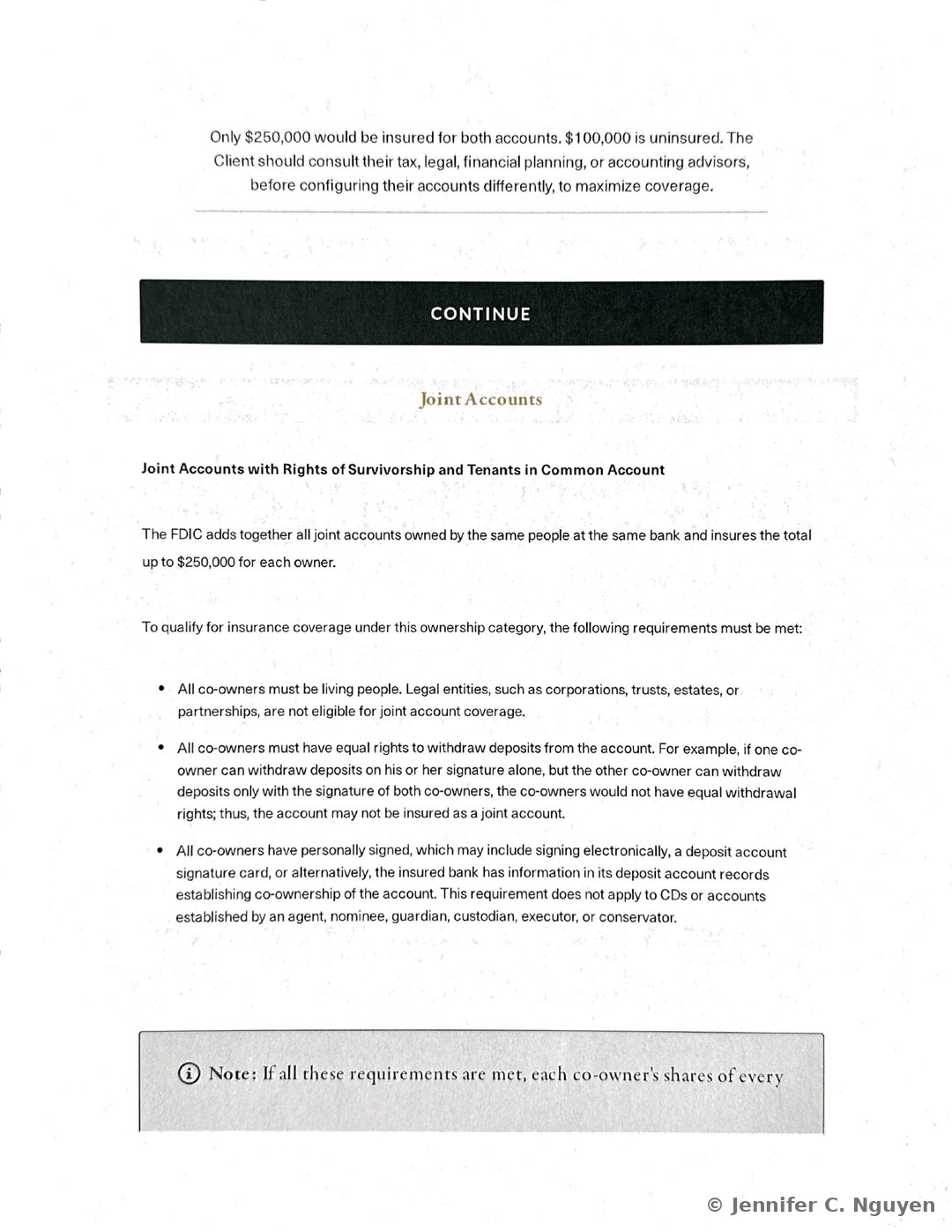 Paragraph concluding that only $250,000 is insured across a sole proprietor's personal and DBA checking accounts with $100,000 left uninsured, a black Continue bar, a Joint Accounts heading, a Joint Accounts with Rights of Survivorship and Tenants in Common Account subheading, and the start of a three-item bulleted list of qualifying requirements covering living co-owners, equal withdrawal rights, and personally signed signature cards