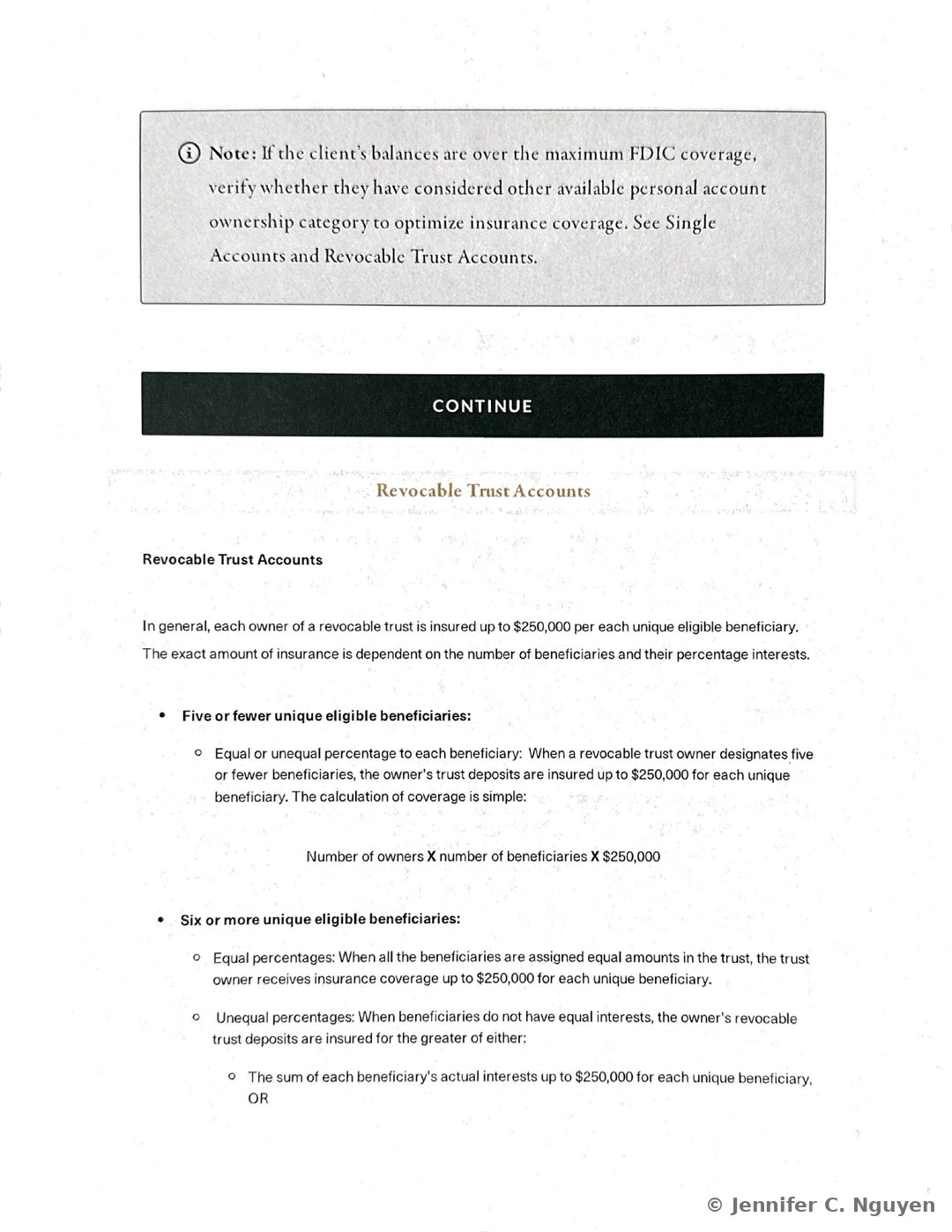 Gray note box reading that if a client's balance is over the maximum FDIC coverage, colleagues should verify whether other ownership categories like Single Accounts or Revocable Trust Accounts have been considered, followed by a black Continue bar, a Revocable Trust Accounts heading, a paragraph explaining that each owner is insured up to $250,000 per unique eligible beneficiary, a Five or fewer unique eligible beneficiaries subheading with the coverage formula Number of owners times number of beneficiaries times $250,000, and the start of a Six or more unique eligible beneficiaries subheading