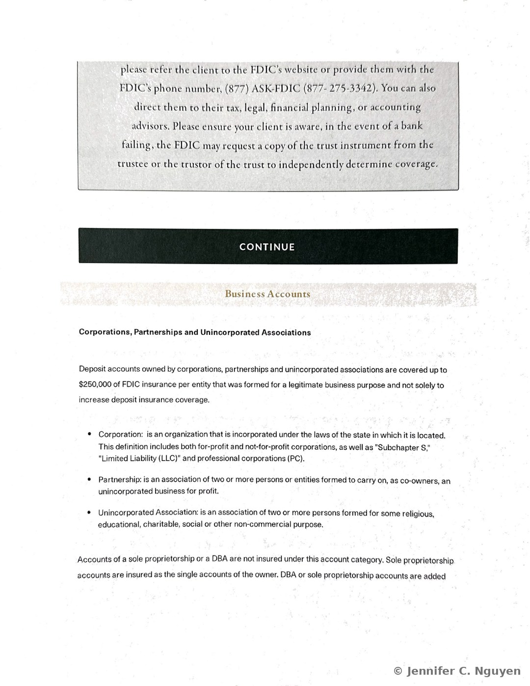 Gray note box continuing with FDIC contact information including the phone number 877-ASK-FDIC and a note that the FDIC may request a copy of a trust instrument from the trustee to independently determine coverage in the event of a bank failure, a black Continue bar, a Business Accounts heading, a Corporations, Partnerships and Unincorporated Associations subheading, and the start of a bulleted list defining each entity type