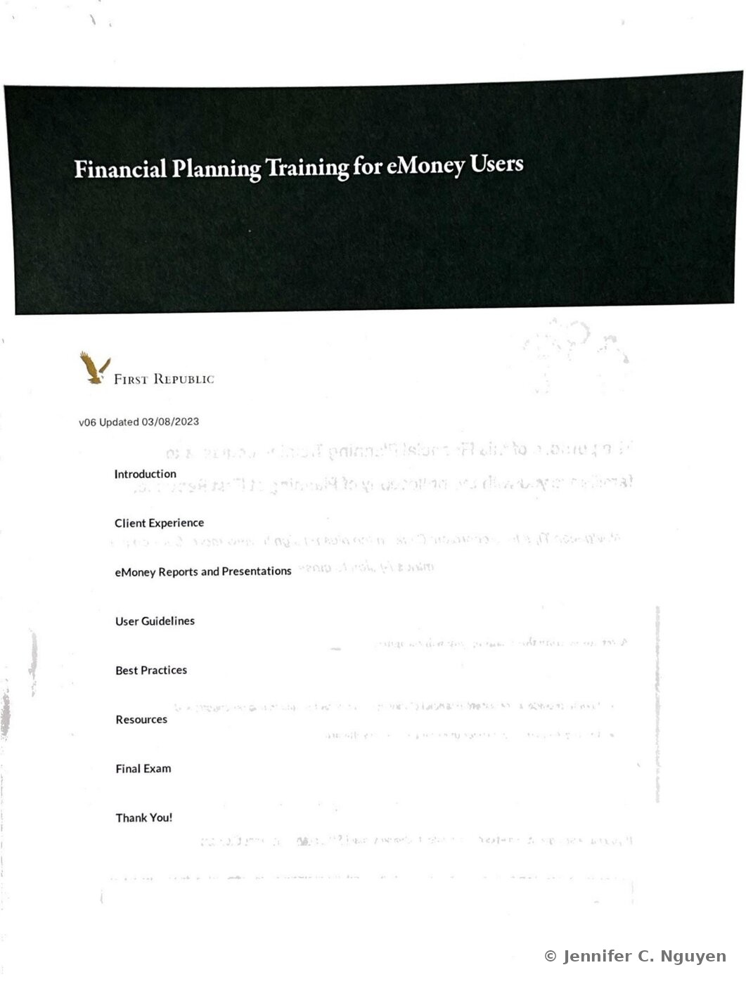 Financial Planning Training for eMoney Users course title page with a dark charcoal header band holding a white serif title, First Republic eagle logo below on a white background, version text reading v06 Updated 03/08/2023, and a vertical lesson menu listing Introduction, Client Experience, eMoney Reports and Presentations, User Guidelines, Best Practices, Resources, Final Exam, and Thank You