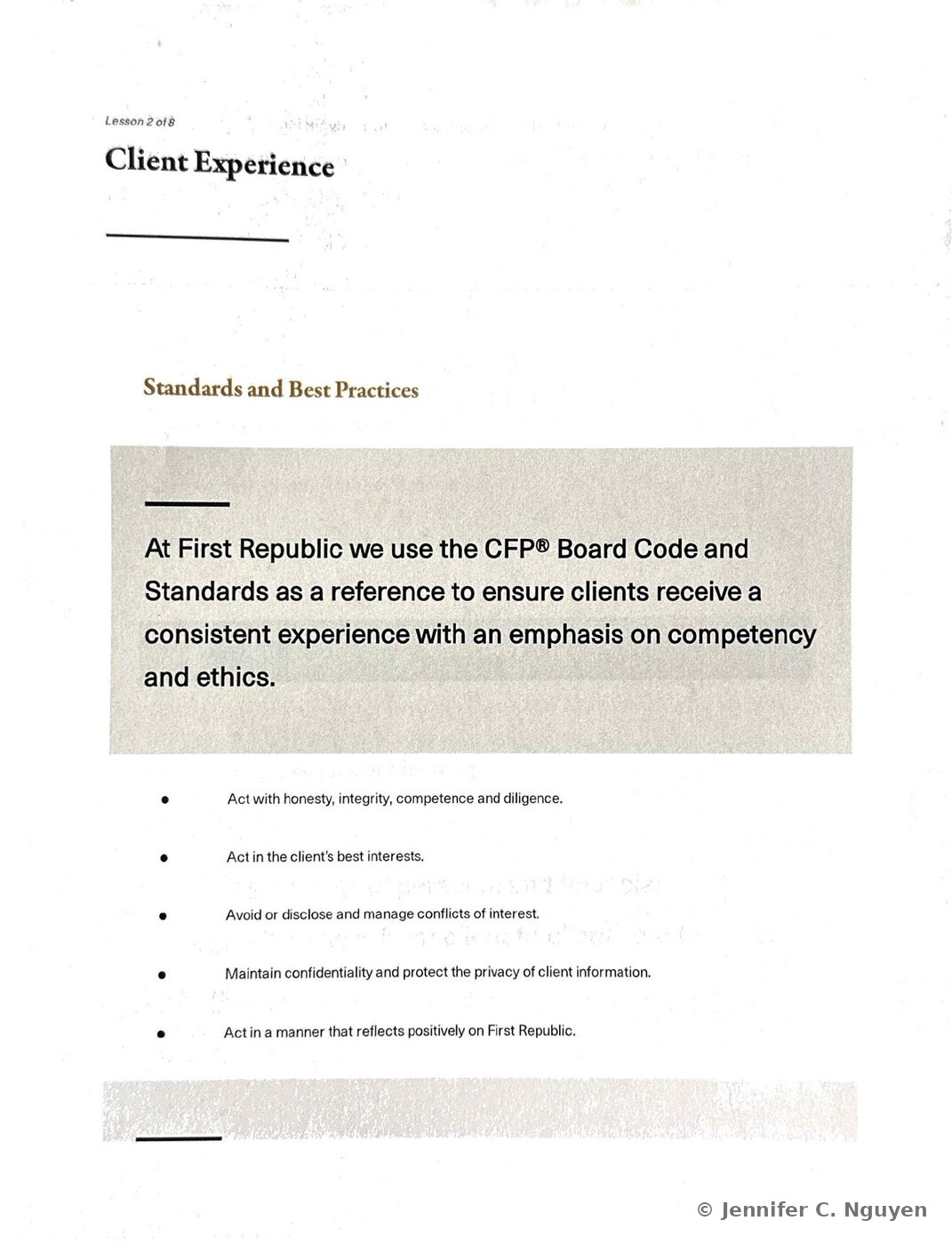 Client Experience slide numbered Lesson 2 of 8, with a gray Standards and Best Practices callout box stating that First Republic uses the CFP Board Code and Standards as a reference to ensure clients receive a consistent experience with an emphasis on competency and ethics, followed by a five-item bulleted list covering acting with honesty and integrity, acting in the client's best interests, avoiding or disclosing conflicts of interest, maintaining confidentiality, and acting in a manner that reflects positively on First Republic