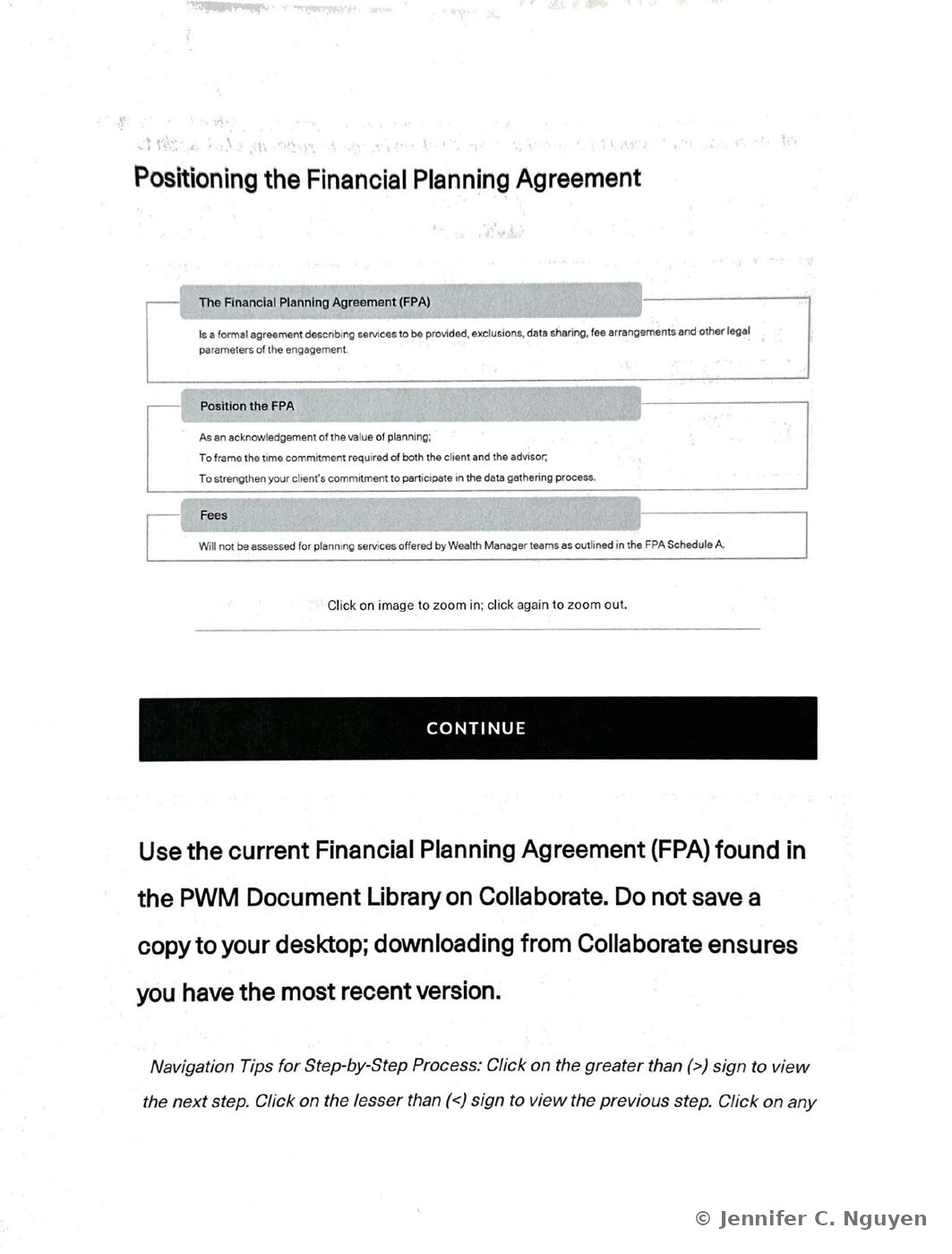 Positioning the Financial Planning Agreement graphic with three stacked gray-header boxes, the first defining the FPA as a formal agreement describing services, exclusions, data sharing, fee arrangements and legal parameters, the second listing ways to position the FPA to clients including framing the time commitment and strengthening their commitment to the data-gathering process, and the third noting that fees will not be assessed for planning services offered by Wealth Manager teams