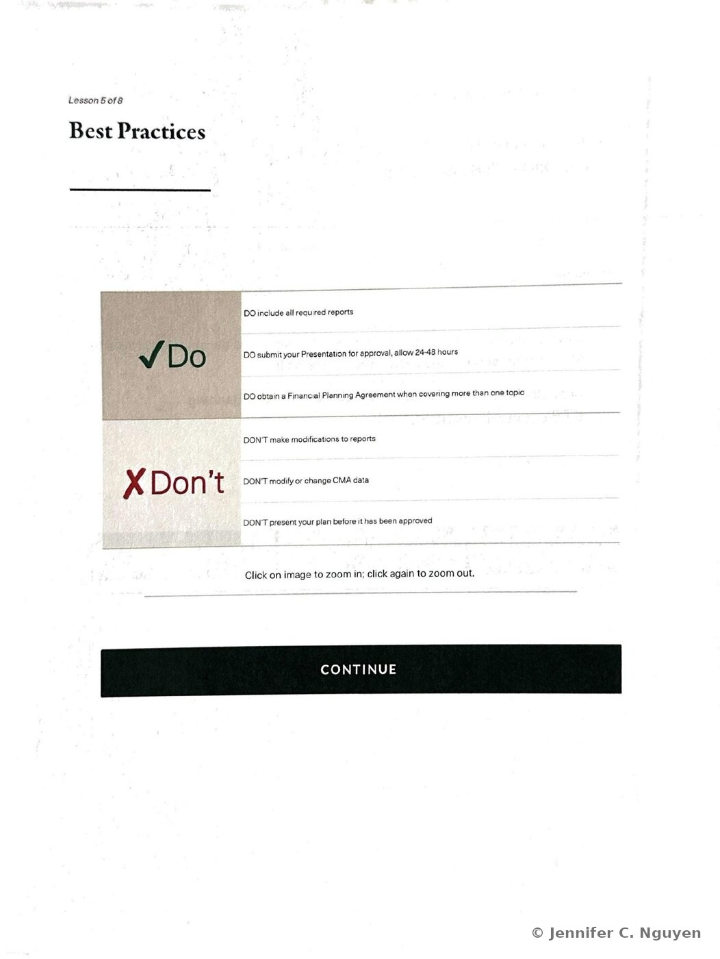 Best Practices slide numbered Lesson 5 of 8 with a two-row Do and Don't table, the green-tinted Do row listing including all required reports, submitting the presentation for approval with a 24 to 48 hour allowance, and obtaining a Financial Planning Agreement when covering more than one topic, and the red-tinted Don't row listing not making modifications to reports, not modifying CMA data, and not presenting a plan before it has been approved