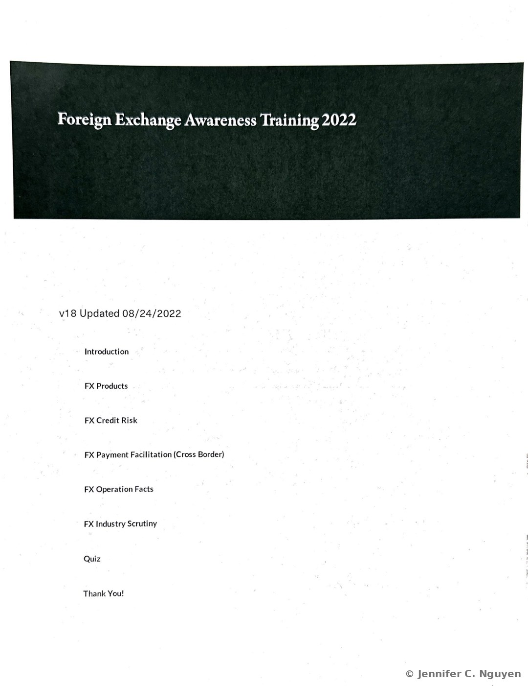 Foreign Exchange Awareness Training 2022 course title page with a dark charcoal textured header band holding a white serif title on a black background, version text reading v18 Updated 08/24/2022, and an eight-item lesson list reading Introduction, FX Products, FX Credit Risk, FX Payment Facilitation (Cross Border), FX Operation Facts, FX Industry Scrutiny, Quiz, and Thank You