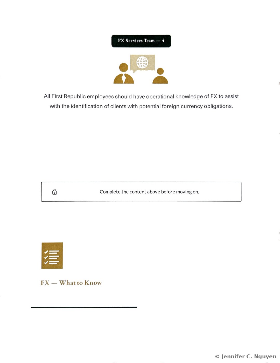 First Republic-FX Product Offerings heading with a gold open-hand icon, an FX Spot Deals subheading and four-item bulleted list explaining spot transactions settle two days from the trade date and represent the largest portion of First Republic's FX deals, and the start of an FX Forwards subheading explaining forwards let clients lock in exchange rates for a future date