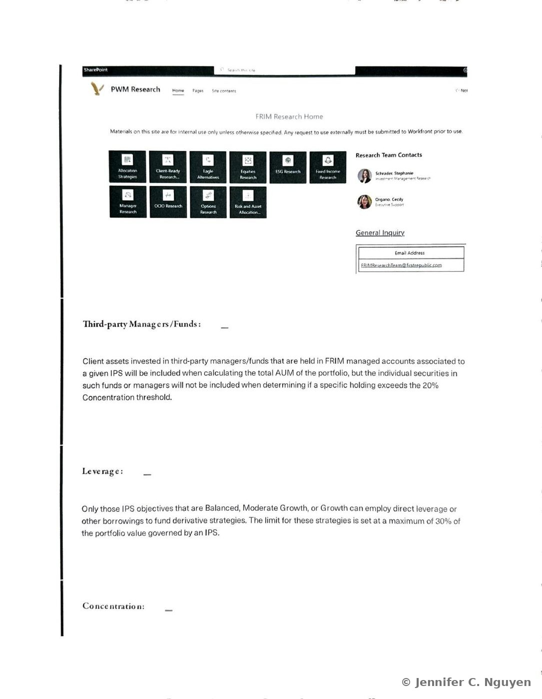 PWM Research SharePoint homepage screenshot with a black top navigation bar reading PWM Research, a page heading FRIM Research Home, introductory text noting that materials on the site are for internal use only unless otherwise specified, a grid of ten dark research-category tiles labeled Allocation Strategies, Client-Ready Research, Eagle Alternatives, Equities Research, ESG Research, Fixed Income Research, Manager Research, OCIO Research, Options Research, and Risk and Asset Allocation, a Research Team Contacts section with two colleague photo entries identified only by job title, and a General Inquiry email address field