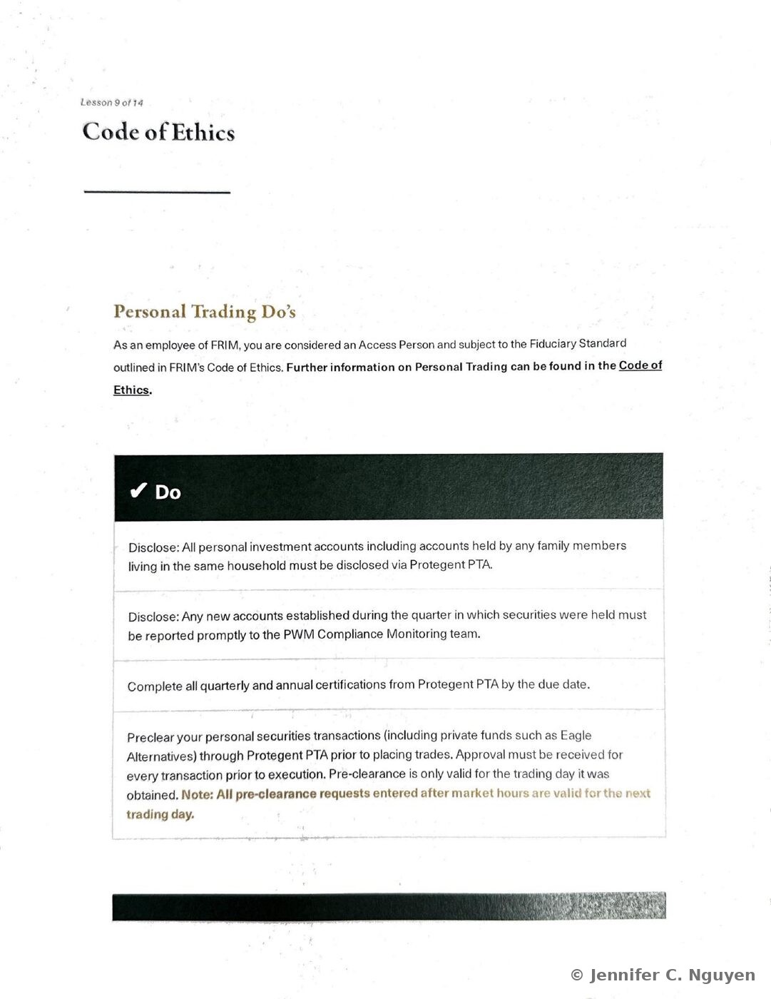Personal Trading Do's slide with introductory text explaining that FRIM employees are considered Access Persons subject to the Code of Ethics, followed by a green Do header table listing four disclosure and pre-clearance requirements: disclosing all personal and household investment accounts, disclosing new accounts opened during the quarter, completing quarterly and annual Protegent PTA certifications, and pre-clearing personal securities transactions including private funds through Protegent PTA before placing trades