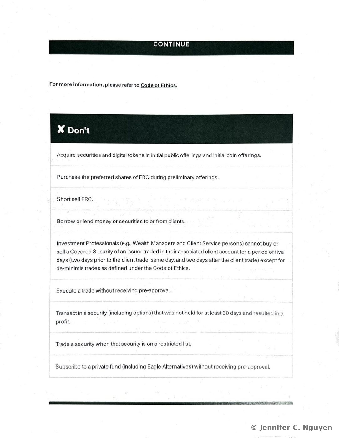 Personal Trading Don't table continuing the Code of Ethics section, with a black Don't header listing nine prohibited actions: acquiring securities and digital tokens in initial public and coin offerings, purchasing FRC preferred shares during preliminary offerings, short selling FRC, borrowing or lending money or securities to or from clients, trading a Covered Security within the five-day window around an associated client trade, executing a trade without pre-approval, transacting in a security held less than 30 days that resulted in a profit, trading a security on a restricted list, and subscribing to a private fund without pre-approval
