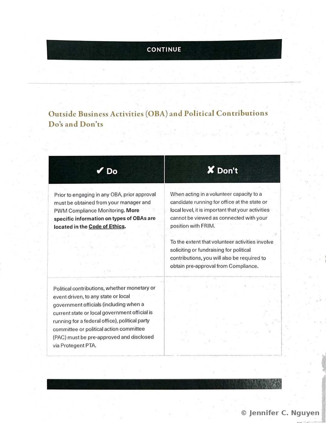 Outside Business Activities (OBA) and Political Contributions Do's and Don'ts table, with a green Do column covering obtaining prior manager and PWM Compliance Monitoring approval before engaging in any outside business activity, and a black Don't column covering keeping volunteer activity for a political candidate separate from one's FRIM role and obtaining Compliance pre-approval before soliciting or fundraising political contributions, plus a note that political contributions to state or local government officials, party committees, or PACs must be pre-approved and disclosed via Protegent PTA