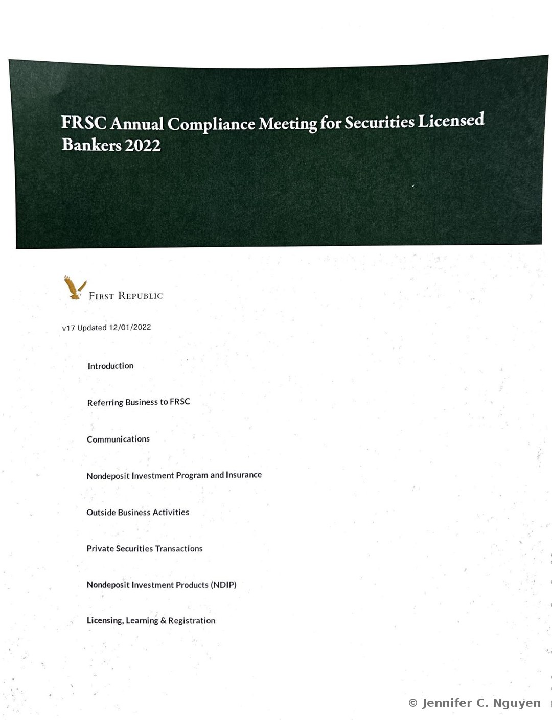 FRSC Annual Compliance Meeting for Securities Licensed Bankers 2022 course title page with a dark forest-green textured header band holding a white serif title, First Republic eagle logo and wordmark below on a white background, version text reading v17 Updated 12/01/2022, and a vertical lesson menu listing Introduction, Referring Business to FRSC, Communications, Nondeposit Investment Program and Insurance, Outside Business Activities, Private Securities Transactions, Nondeposit Investment Products (NDIP), and Licensing, Learning & Registration