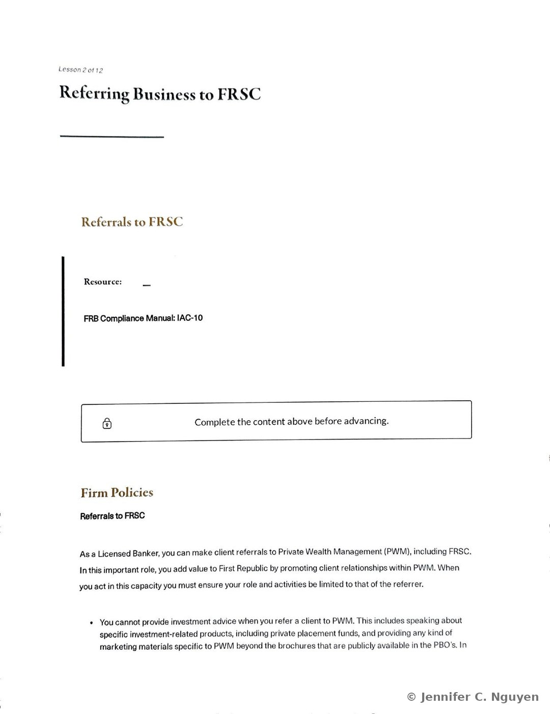 Referring Business to FRSC lesson introducing Firm Policies with a Resource citation to FRB Compliance Manual IAC-10, followed by bullet text explaining that Licensed Bankers can refer clients to Private Wealth Management including FRSC but cannot provide investment advice, discuss specific investment-related products, or accept any service-related requests such as trade orders, checks, stock certificates, or wire requests
