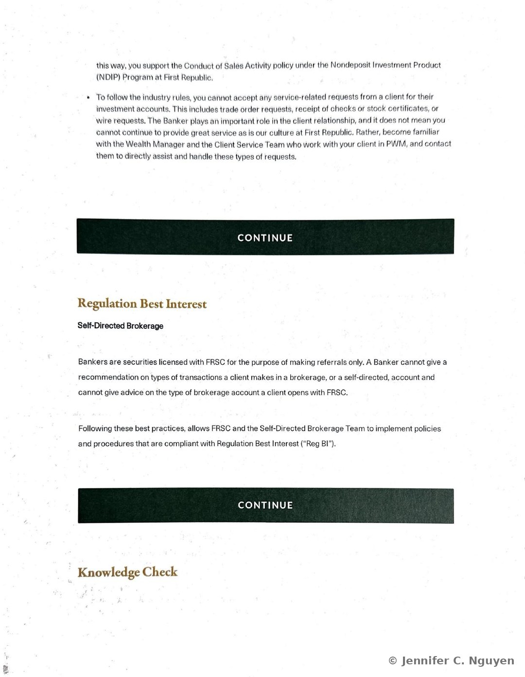 Regulation Best Interest section explaining that Bankers who are securities licensed with FRSC for referral purposes only cannot recommend transaction types or account types for a client's self-directed brokerage account, framed as supporting FRSC and the Self-Directed Brokerage Team's compliance with Reg BI, followed by a Knowledge Check section header