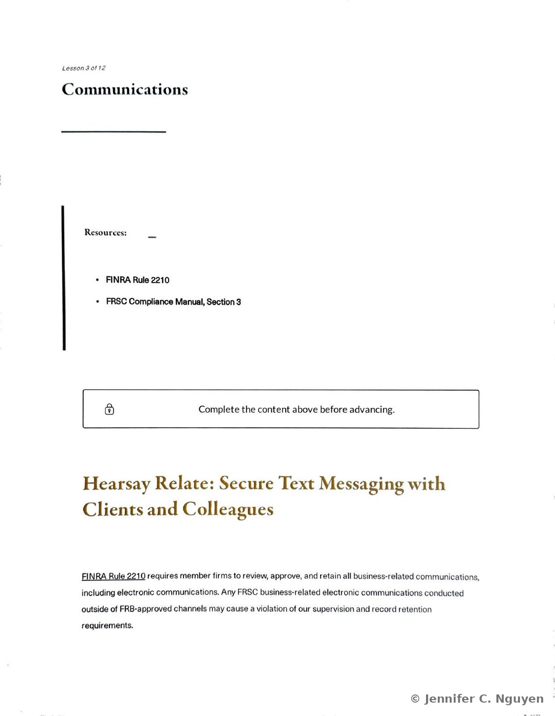 Communications lesson introducing Hearsay Relate as First Republic's compliant secure texting and mobile calling application for Private Wealth Management, listing three benefits — deepening client relationships, accelerating on-the-go productivity, and protecting clients, colleagues, and the Bank — with a link to the Hearsay Relate Collaborate page for quick references and client communication templates