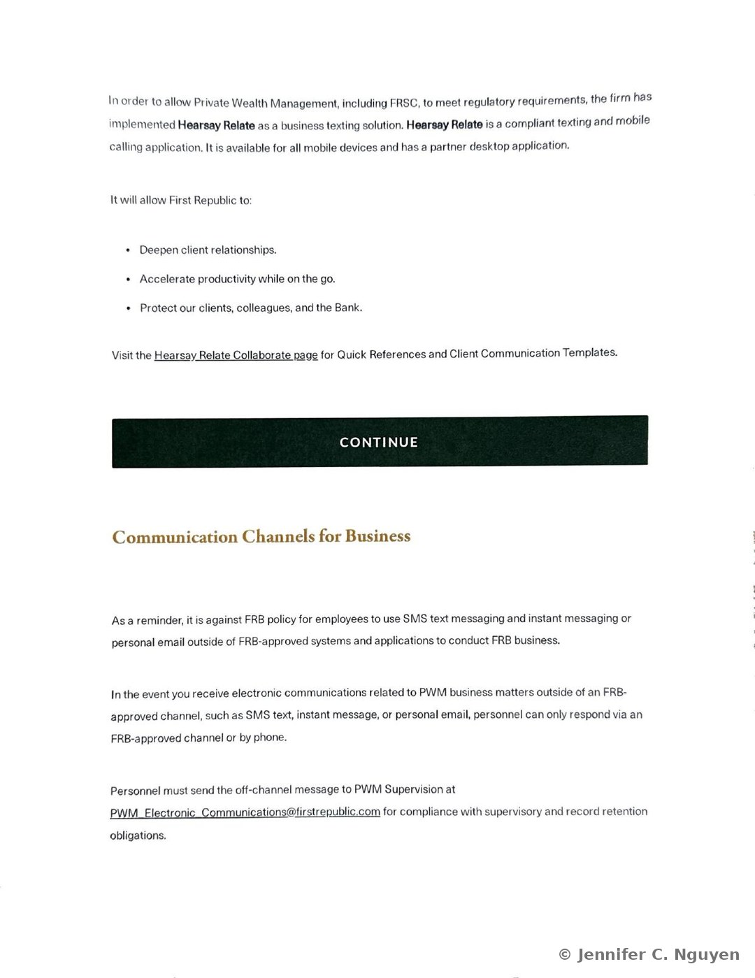 Communication Channels for Business policy reminder stating it is against FRB policy to use SMS text messaging, instant messaging, or personal email outside FRB-approved systems to conduct business, with instructions to respond only through an approved channel or by phone and to forward any off-channel PWM message to PWM_Electronic_Communications@firstrepublic.com for supervisory and record-retention compliance