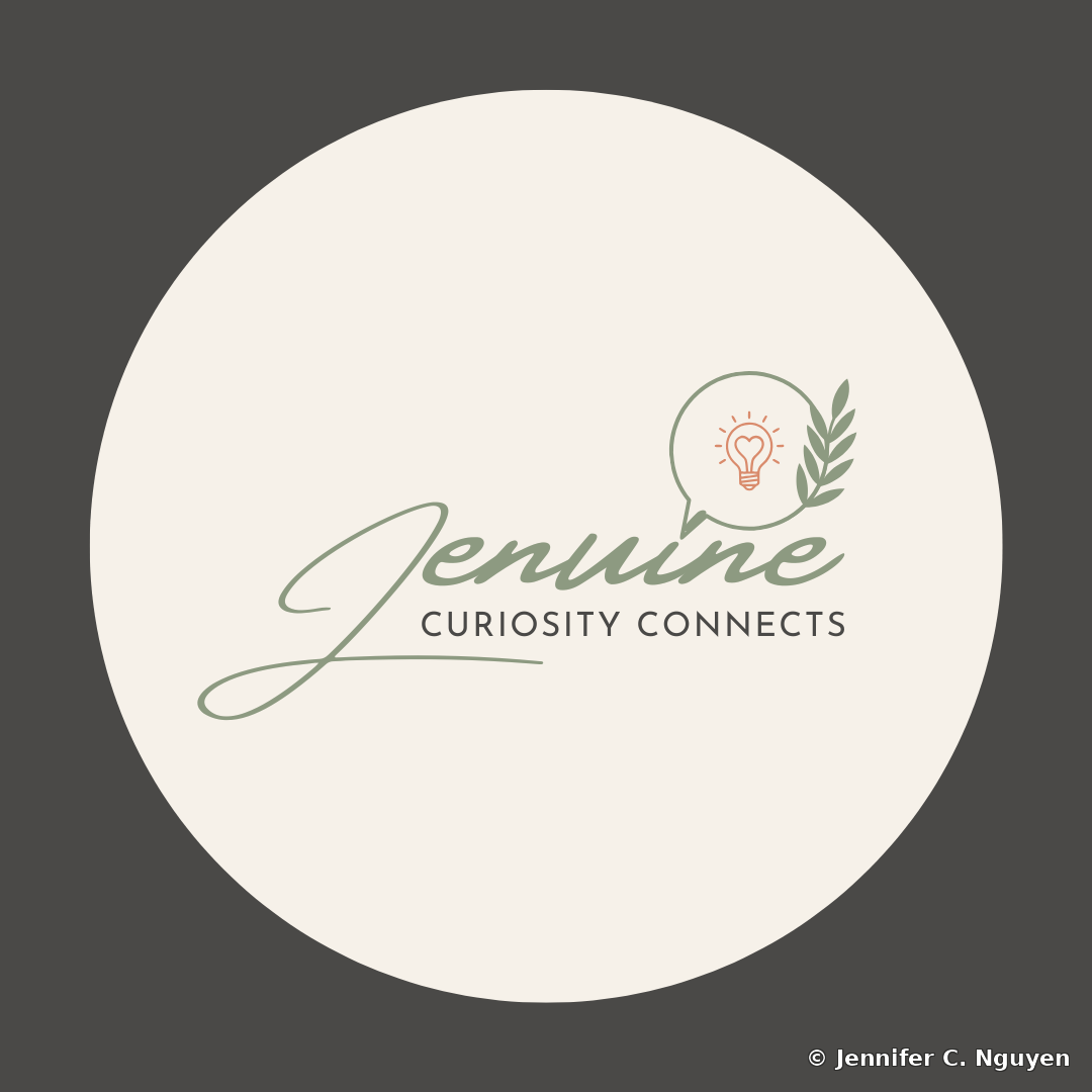 Jenuine Curiosity Connects logo, a sage green cursive wordmark reading Jenuine with Curiosity Connects beneath it in small sage green capital letters, beside a speech bubble containing a heart-shaped lightbulb icon in coral orange line art and a sage green leaf sprig, set on a cream circular background