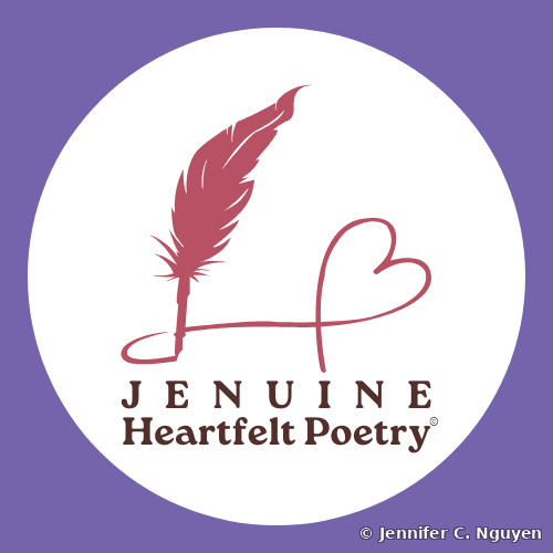 Jenuine Heartfelt Poetry logo, a rose pink quill feather trailing into a looped double-heart flourish beside the wordmark Jenuine Heartfelt Poetry in dark maroon serif and bold serif type, set inside a white circle on a purple background