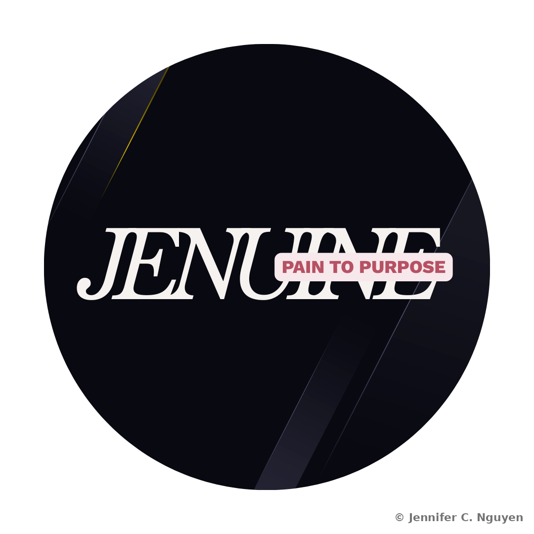 Jenuine Pain to Purpose logo, the word Jenuine in bold cream italic serif type layered over a dark charcoal circle with subtle diagonal light streaks, overlapped by a rose pink Pain to Purpose tag in bold sans-serif capitals