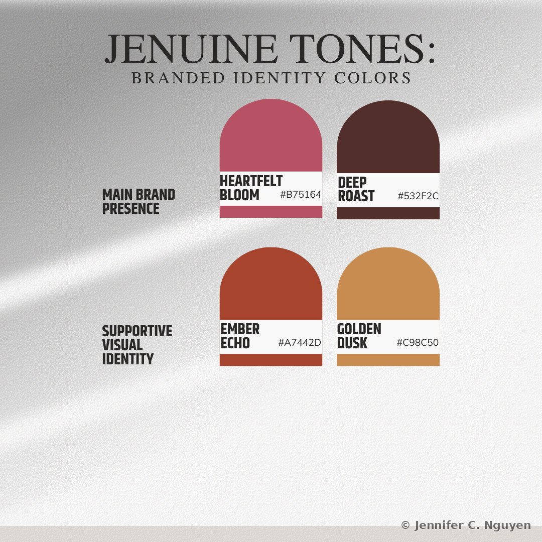 Jenuine Tones branded identity guide showing Heartfelt Bloom and Deep Roast assigned to main brand presence, and Ember Echo and Golden Dusk assigned to supportive visual identity