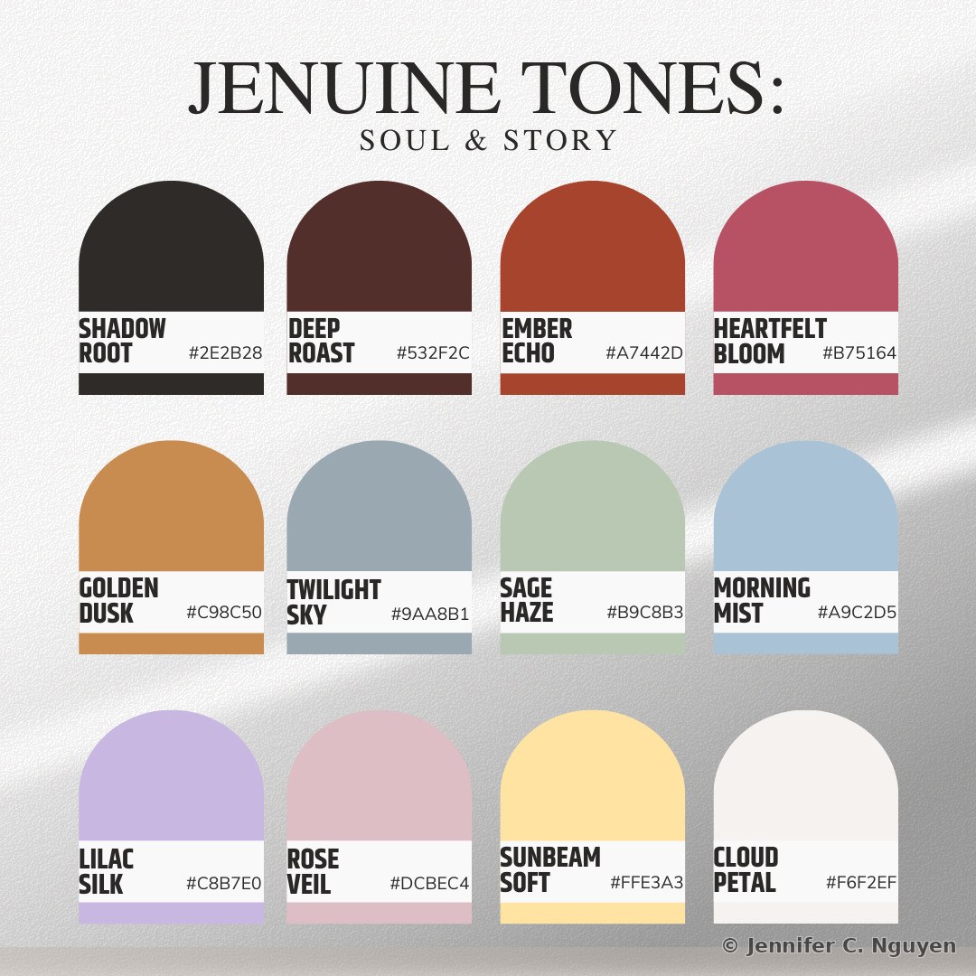 Jenuine Tones, Soul & Story color palette chart showing twelve named and hex-coded swatches: Shadow Root #2E2B28, Deep Roast #532F2C, Ember Echo #A7442D, Heartfelt Bloom #B75164, Golden Dusk #C98C50, Twilight Sky #9AA8B1, Sage Haze #B9C8B3, Morning Mist #A9C2D5, Lilac Silk #C8B7E0, Rose Veil #DCBEC4, Sunbeam Soft #FFE3A3, and Cloud Petal #F6F2EF