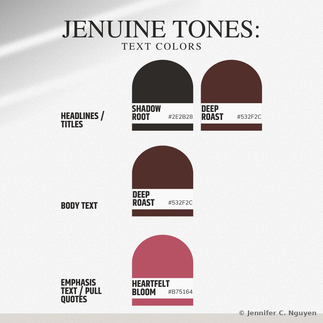 Jenuine Tones text color guide showing Shadow Root and Deep Roast assigned to headlines and titles, Deep Roast assigned to body text, and Heartfelt Bloom assigned to emphasis text and pull quotes
