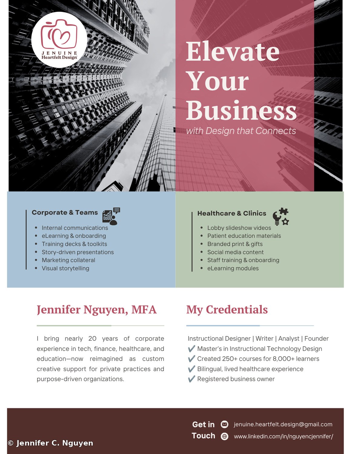 Two-panel self-promotional business flyer for Jenuine Heartfelt Design, a black and white upward-angle photo of skyscrapers on the left beside a magenta gradient panel reading Elevate Your Business with Design that Connects, below a blue Corporate and Teams service list and a green Healthcare and Clinics service list, and a bottom section introducing Jennifer Nguyen MFA with a credentials list and contact details