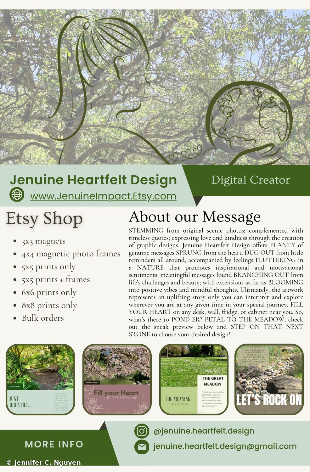 Promotional flyer for the Jenuine Heartfelt Design Etsy shop, a tree canopy photo overlaid with an illustrated silhouette of a woman and a globe cupped in two hands with small hearts, both shaped along the tree's branches, below a green Etsy Shop product list of magnets, magnetic photo frames, and prints in multiple sizes, an About our Message paragraph, and four sample product thumbnails: a forest path captioned Just Breathe, cherry blossoms captioned Fill your Heart, a grassy meadow captioned Big Meaning, and a rock garden captioned Let's Rock On