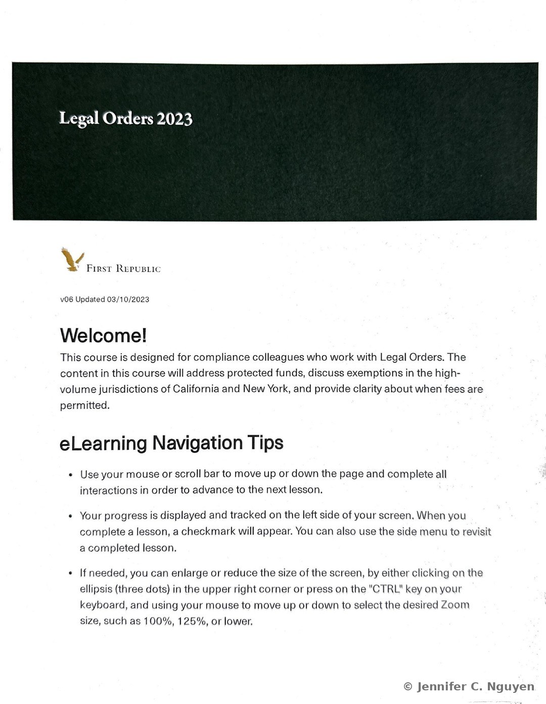 Legal Orders 2023 course title page with a dark charcoal header band holding a white serif title, First Republic eagle logo below on a white background, version text reading v06 Updated 03/10/2023, a Welcome paragraph explaining that the course addresses protected funds, high-volume jurisdiction exemptions in California and New York, and when fees are permitted, and the start of an eLearning Navigation Tips bulleted list