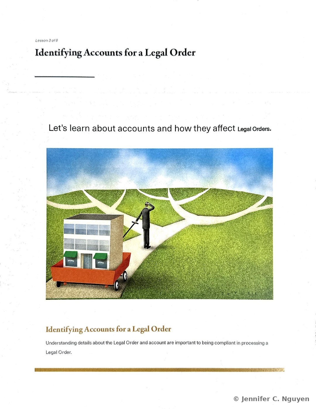 Identifying Accounts for a Legal Order slide numbered Lesson 3 of 9 with an illustration of a suited figure using a spyglass to look down a network of branching paths on a green hillside, a small storefront building sitting on a red cart in the foreground, followed by an Identifying Accounts for a Legal Order heading and a paragraph noting that understanding details about the Legal Order and account are important to compliant processing