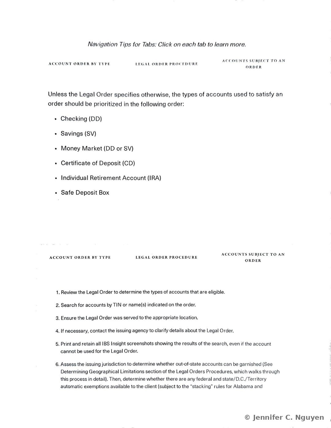 Identifying Accounts for a Legal Order slide with a three-tab navigation bar reading Account Order by Type, Legal Order Procedure, and Accounts Subject to an Order, showing the Account Order by Type tab open with a bulleted priority list reading Checking (DD), Savings (SV), Money Market (DD or SV), Certificate of Deposit (CD), Individual Retirement Account (IRA), and Safe Deposit Box, followed by the start of a numbered Legal Order Procedure list
