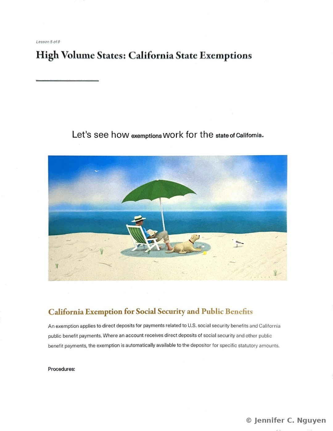 High Volume States: California State Exemptions slide numbered Lesson 5 of 9 with an illustration of a person relaxing in a beach chair under a green umbrella beside a golden retriever on a sandy shoreline, followed by a California Exemption for Social Security and Public Benefits heading and a paragraph explaining that the exemption automatically applies to direct deposits of social security and California public benefit payments for specific statutory amounts