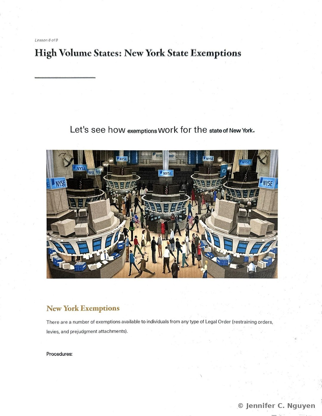 High Volume States: New York State Exemptions slide numbered Lesson 6 of 9 with an illustration of a bustling NYSE trading floor featuring blue NYSE banners, computer monitor booths, and diverse figures in motion, followed by a New York Exemptions heading and a paragraph noting that exemptions are available to individuals from any type of Legal Order including restraining orders, levies, and prejudgment attachments