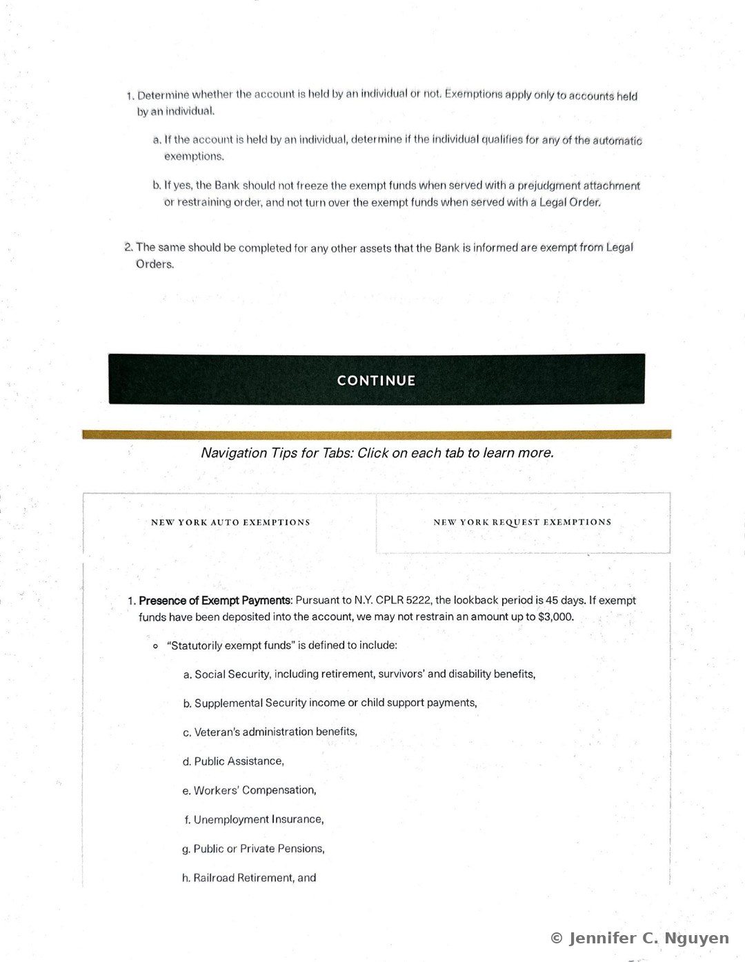 New York Auto Exemptions tab open on a two-tab New York Auto Exemptions and New York Request Exemptions navigation bar, with a Presence of Exempt Payments section explaining that under N.Y. CPLR 5222 the lookback period is 45 days and the Bank may not restrain up to $3,000 of exempt funds, followed by the start of a lettered Statutorily Exempt Funds list covering Social Security, Supplemental Security Income or child support payments, Veteran's Administration benefits, Public Assistance, Workers' Compensation, Unemployment Insurance, Public or Private Pensions, and Railroad Retirement