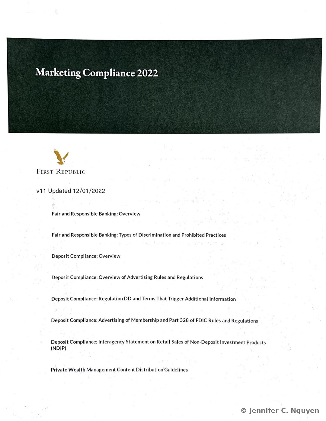 Marketing Compliance 2022 course title page with a dark charcoal header band holding a white serif title, First Republic eagle logo below on a white background, version text reading v11 Updated 12/01/2022, and the start of a vertical lesson list beginning with Fair and Responsible Banking: Overview and Fair and Responsible Banking: Types of Discrimination and Prohibited Practices, continuing through Deposit Compliance overview and advertising-rules lessons, and ending with Private Wealth Management Content Distribution Guidelines