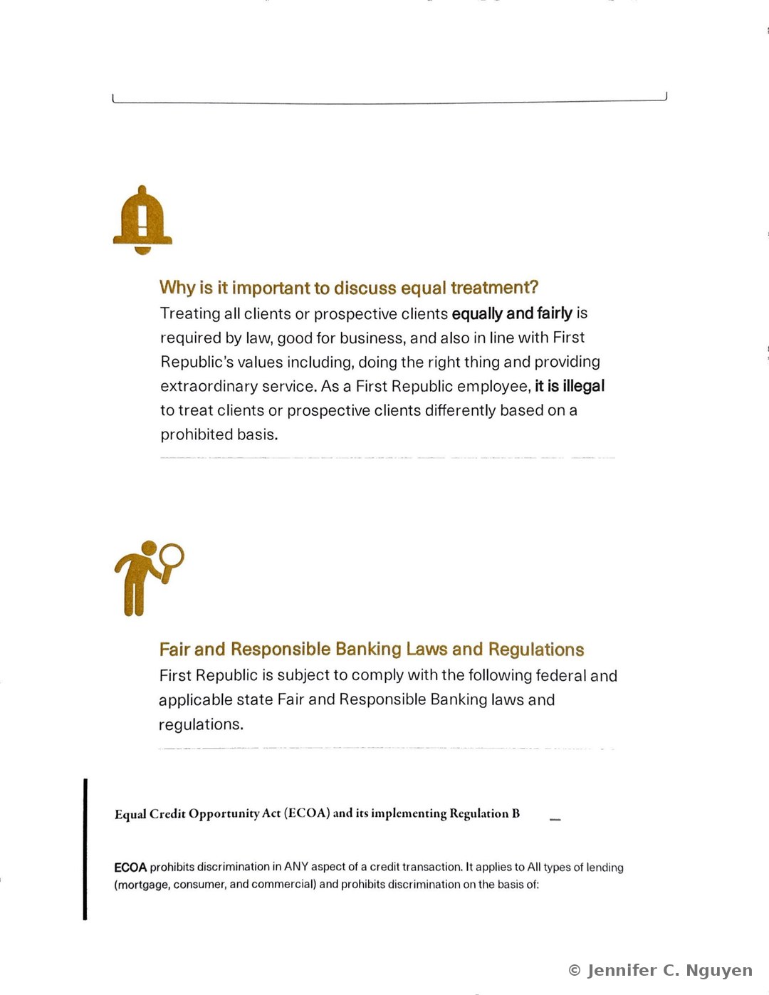 Marketing Compliance course slide combining a Why Is It Important to Discuss Equal Treatment section with a gold bell icon and paragraph explaining that treating clients equally and fairly is required by law and aligned with First Republic's core values, and a Fair and Responsible Banking Laws and Regulations section with a magnifying-glass icon introducing federal and state laws, followed by the start of an Equal Credit Opportunity Act (ECOA) and its implementing Regulation B heading and a paragraph stating that ECOA prohibits discrimination in any aspect of a credit transaction across mortgage, consumer, and commercial lending