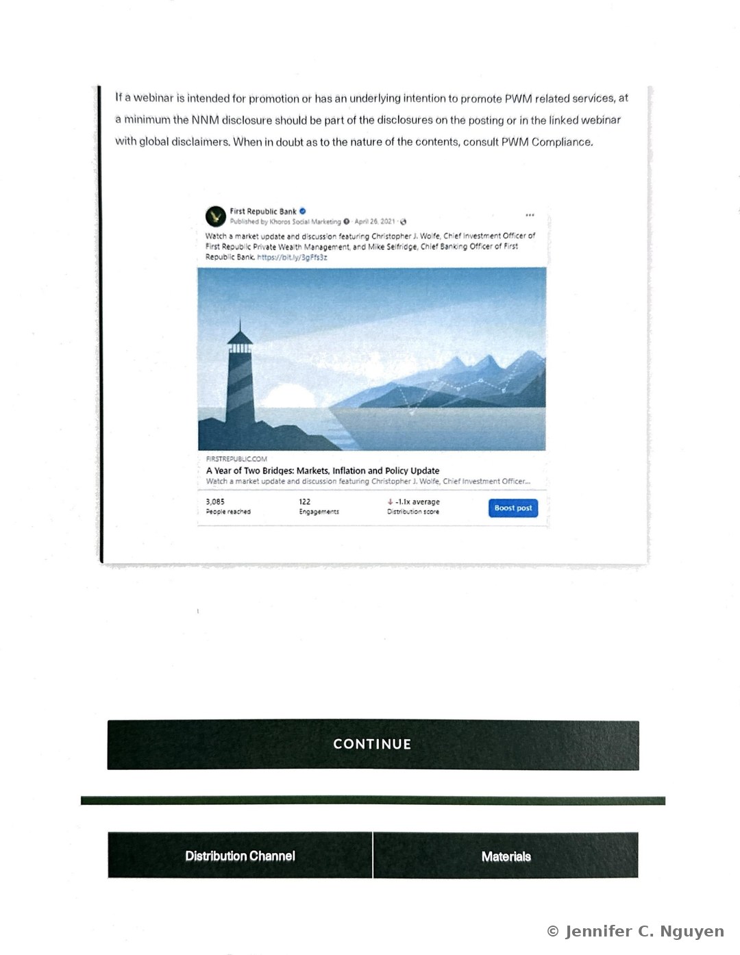 Distribution guidance slide stating that promotional webinars intended to advertise PWM related services must include the NNM disclosure in the posting or linked webinar, followed by a First Republic Bank Facebook post example published by Khoros Social Marketing featuring a lighthouse-and-mountains illustration for A Year of Two Bridges: Markets, Inflation and Policy Update, engagement metrics reading 3,085 people reached, 122 engagements, and a -1.1x average distribution score, and a blue Boost Post button