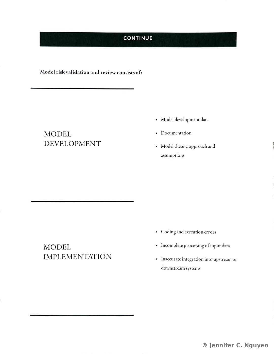 Model risk validation and review slide with a two-column layout under Model Development, listing model development data, documentation, and model theory, approach and assumptions, and under Model Implementation, listing coding and execution errors, incomplete processing of input data, and inaccurate integration into upstream or downstream systems