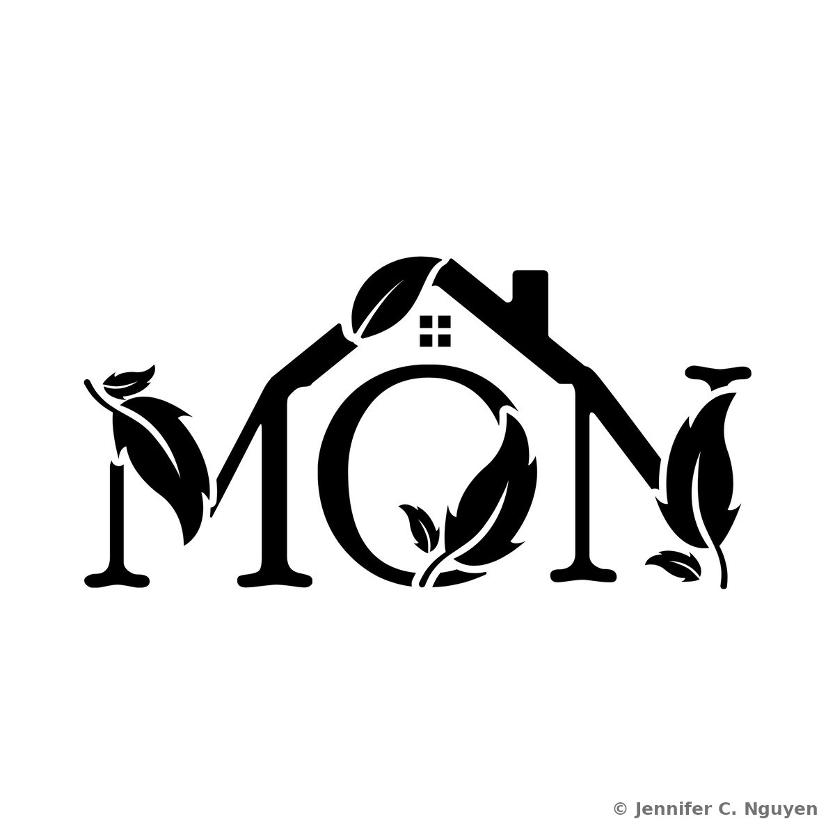 Mon Cafe wordmark logo in black on a white background, combining the letters M O N into one mark where the O is shaped like a small house with a peaked roof, chimney, and four-pane window, with hand-drawn leaf illustrations sprouting from the M and N and a single leaf tucked into the roofline
