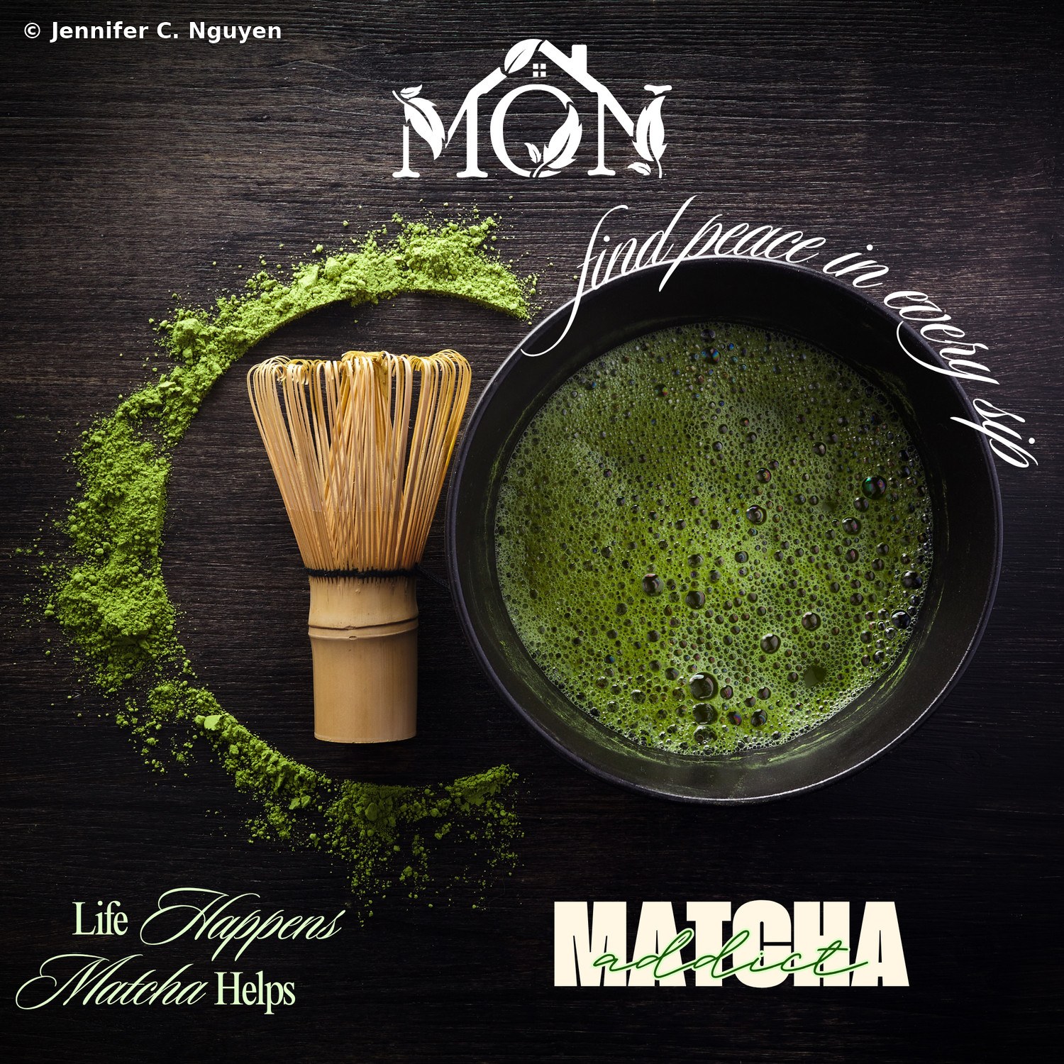 The same dark wood-grain matcha poster composition with a larger white version of the Mon Cafe logo centered at the top instead of in a corner, and the Matcha Addict wordmark rendered in bold cream block letters at the bottom right