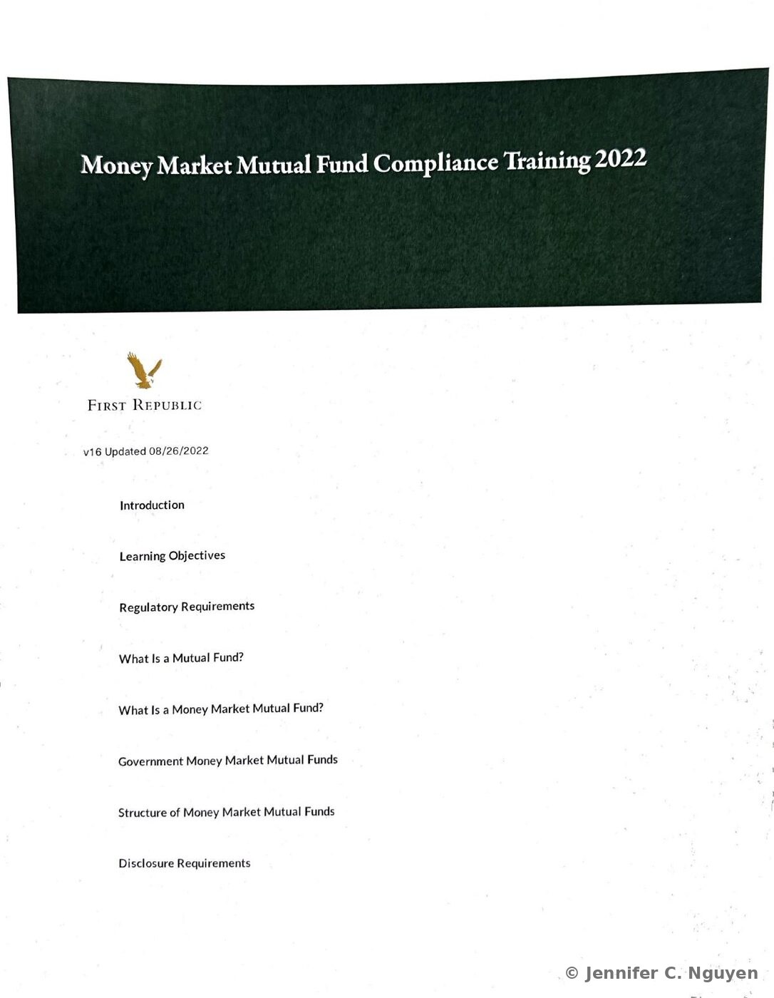 Money Market Mutual Fund Compliance Training 2022 course title page with a dark charcoal header band holding a white serif title, First Republic eagle logo below on a white background, version and update-date text, and a vertical lesson menu listing Introduction, Learning Objectives, Regulatory Requirements, What Is a Mutual Fund, What Is a Money Market Mutual Fund, Government Money Market Mutual Funds, Structure of Money Market Mutual Funds, and Disclosure Requirements