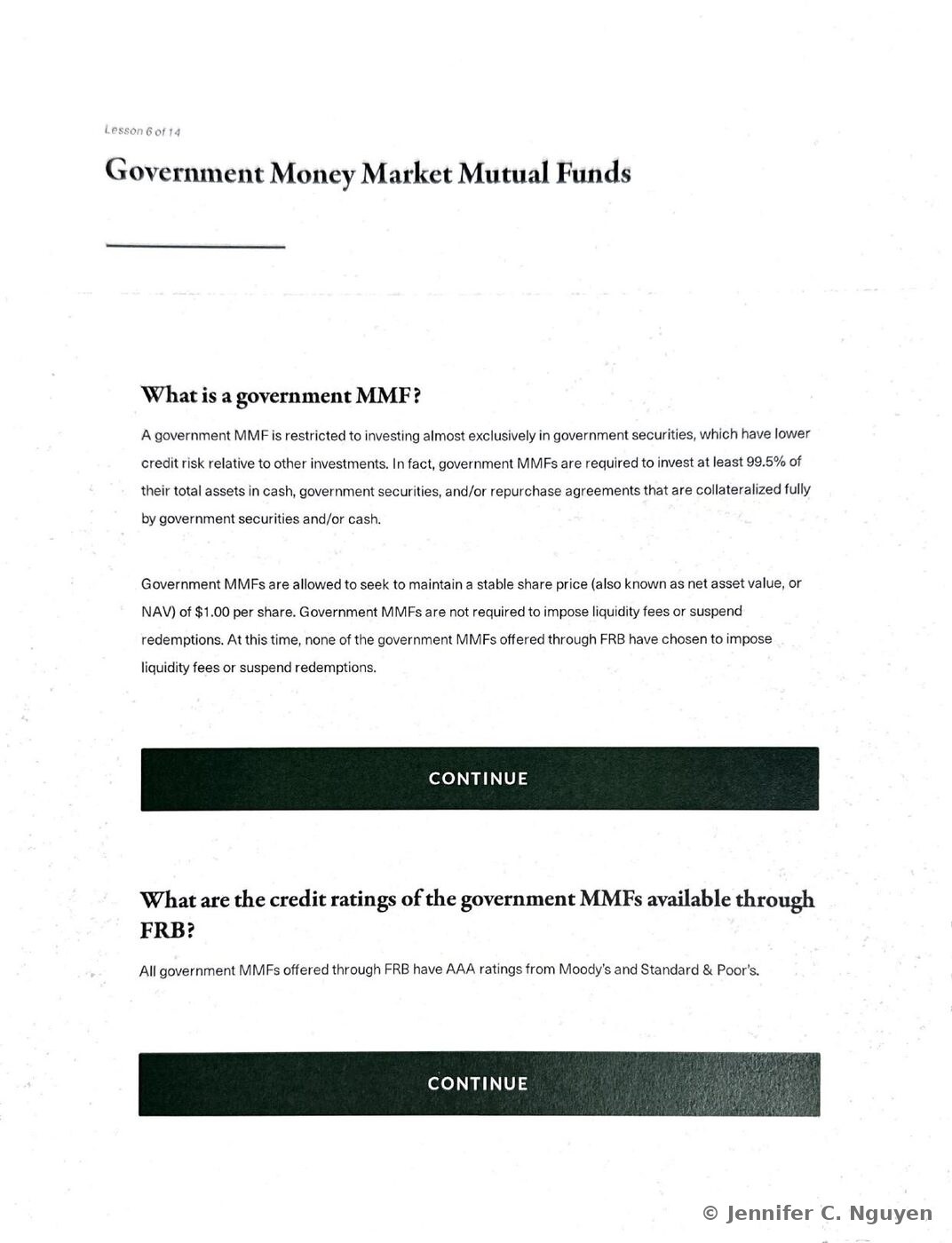 Government Money Market Mutual Funds slide with two stacked question-and-answer sections, the first headed What is a government MMF explaining the 99.5 percent asset requirement in government securities and the ability to seek a stable one dollar net asset value, and the second headed What are the credit ratings of the government MMFs available through FRB stating that all government MMFs offered carry AAA ratings from Moody's and Standard and Poor's