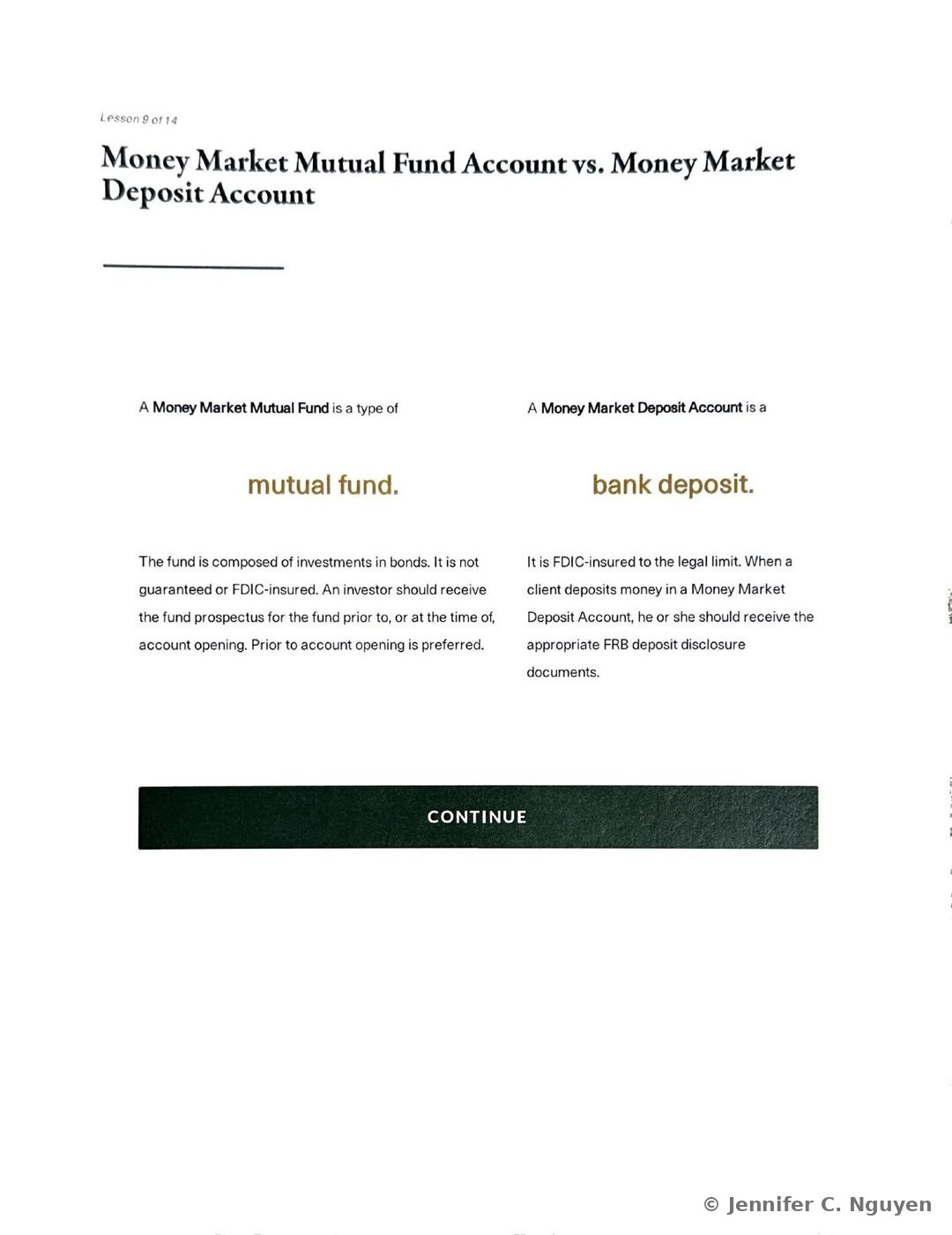 Money Market Mutual Fund Account versus Money Market Deposit Account comparison slide with a two-column layout, the left column headed A Money Market Mutual Fund is a type of with large gold text reading mutual fund and explanatory text on bond investments, no FDIC insurance, and prospectus delivery, and the right column headed A Money Market Deposit Account is a with large gold text reading bank deposit and explanatory text on FDIC insurance and deposit disclosure documents