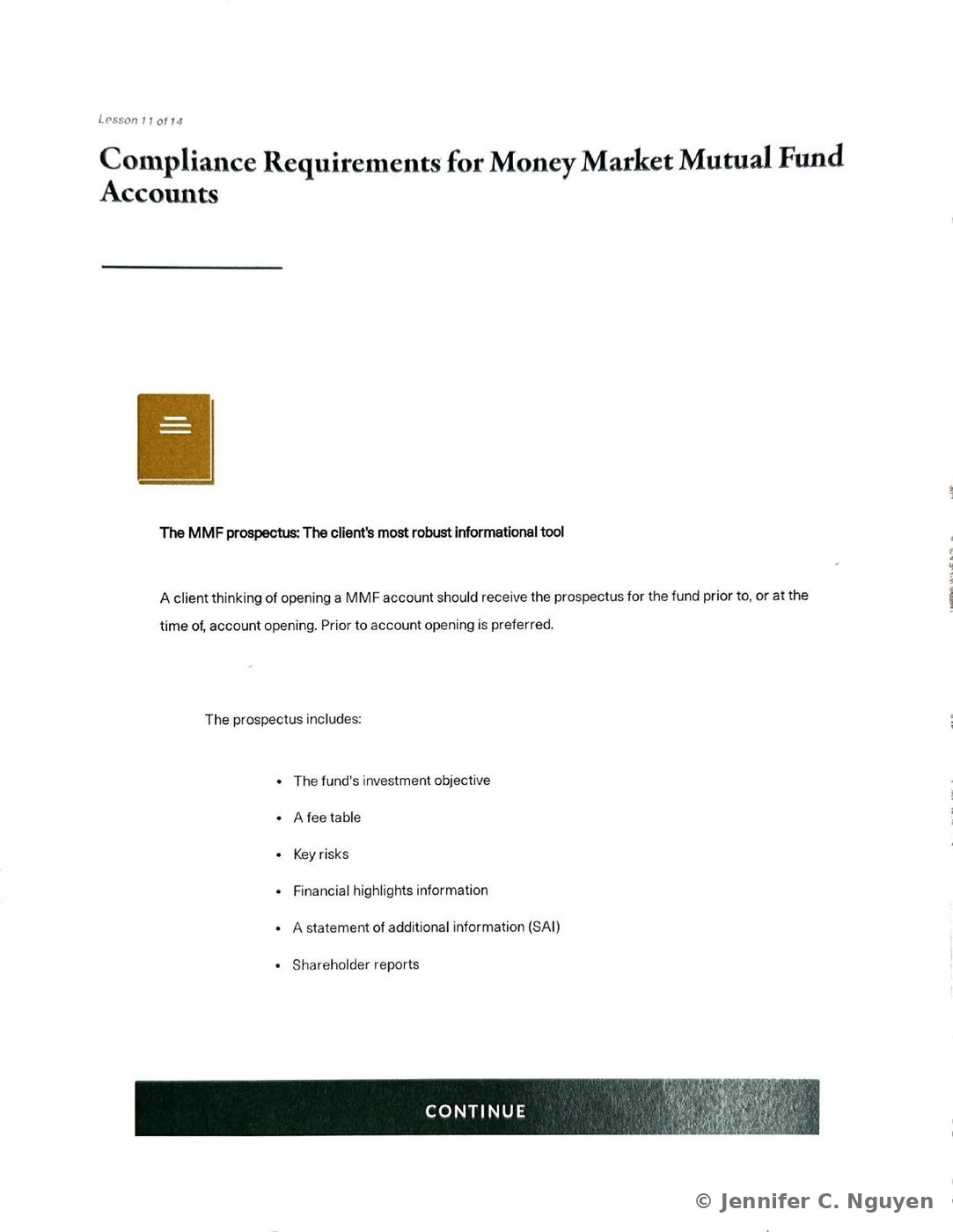 Compliance Requirements for Money Market Mutual Fund Accounts slide with a gold document-stack icon, a bolded subheading reading The MMF prospectus, the client's most robust informational tool, and a bulleted list of prospectus contents covering the fund's investment objective, a fee table, key risks, financial highlights information, a statement of additional information, and shareholder reports