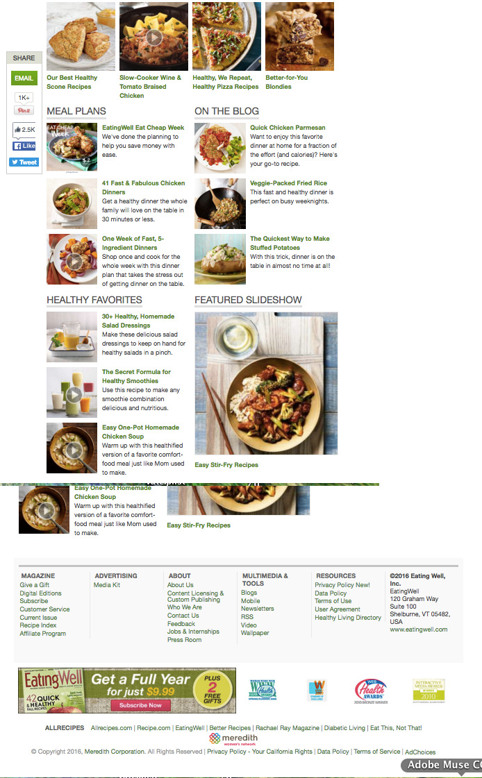 Stitched screenshot of a real EatingWell.com recipe listing page circa 2016, showing a white background layout with dessert and dinner recipe thumbnails organized under headings including Meal Plans, On the Blog, Healthy Favorites, and Featured Slideshow, continuing down into the site's footer navigation