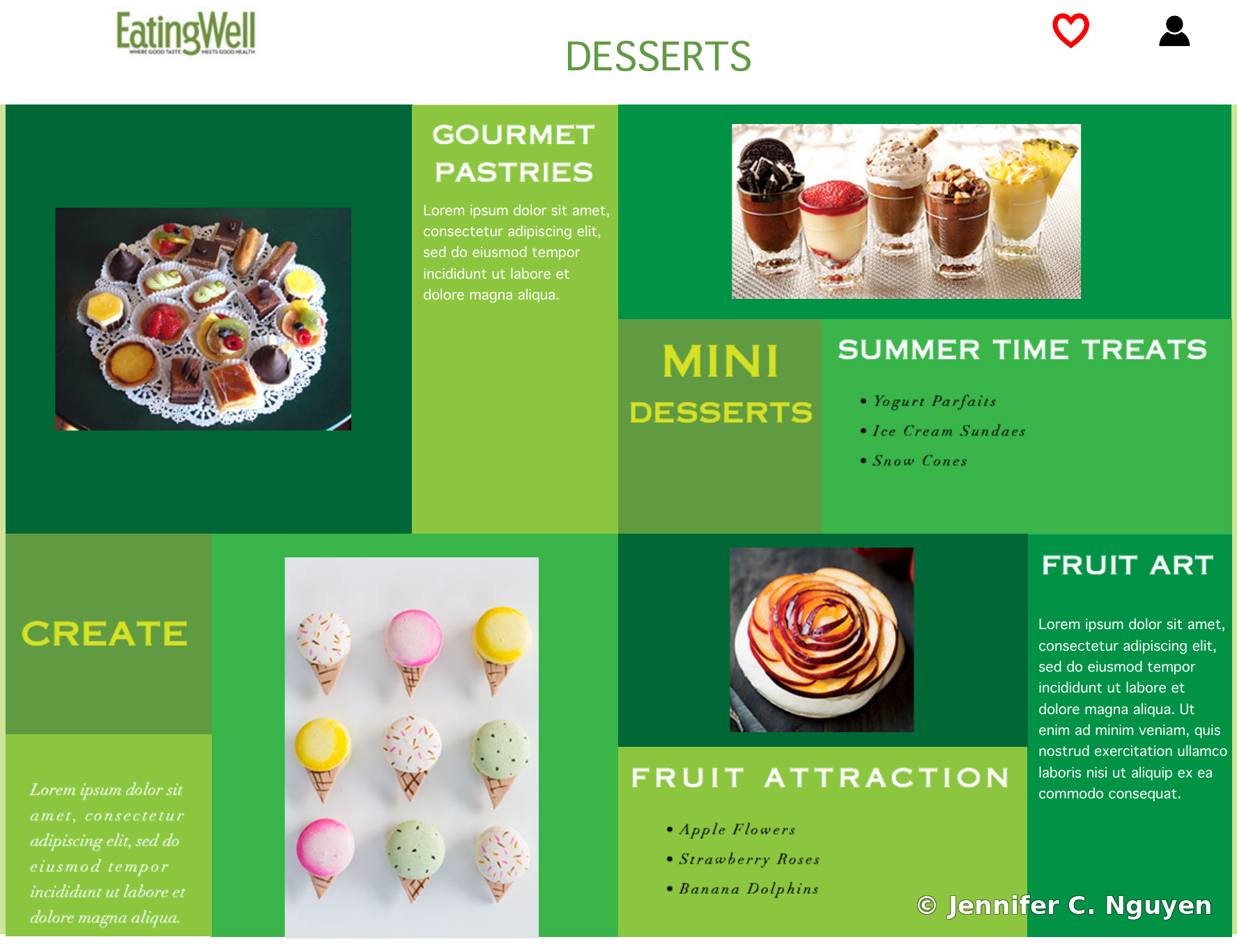 Desserts page from the redesigned Eating Well website concept, showing a green-toned grid of dessert categories including Gourmet Pastries, Mini Desserts, Summer Time Treats, Fruit Attraction, Fruit Art, and Create