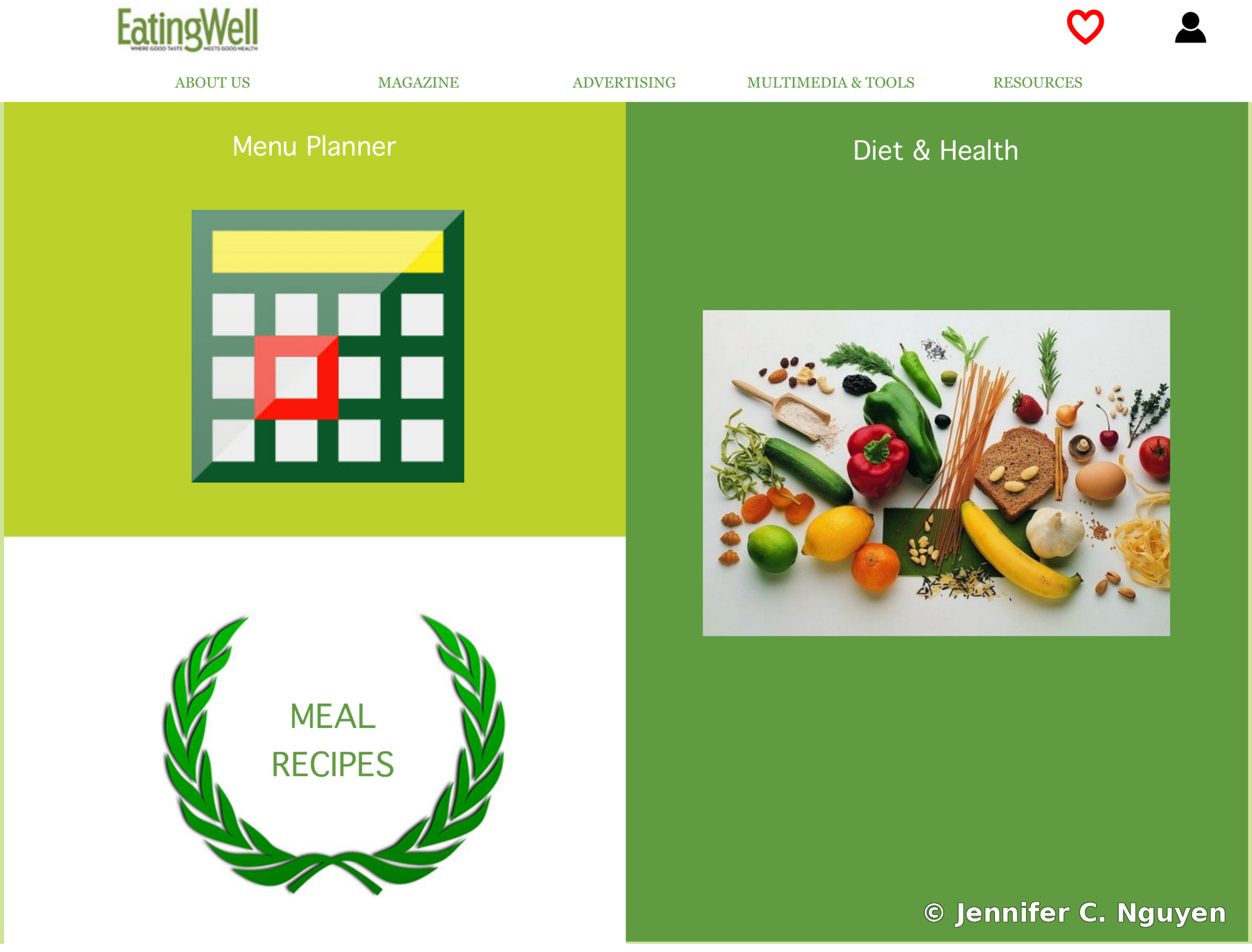 Homepage of the redesigned Eating Well website concept, showing the EatingWell logo, main navigation bar, and a green-toned grid of feature blocks including Menu Planner, Diet and Health, and Meal Recipes