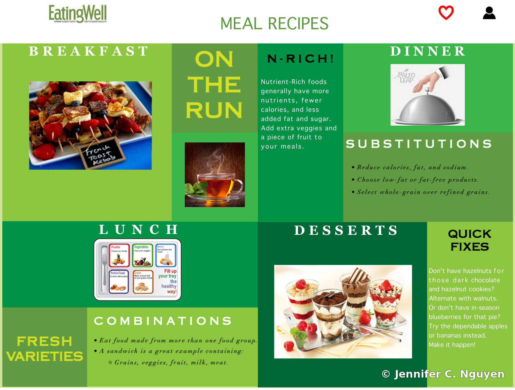 Meal Recipes page from the redesigned Eating Well website concept, showing a green-toned grid of meal categories including Breakfast, On the Run, Nutrient-Rich tips, Dinner, Substitutions, Lunch, Fresh Varieties, Combinations, Desserts, and Quick Fixes