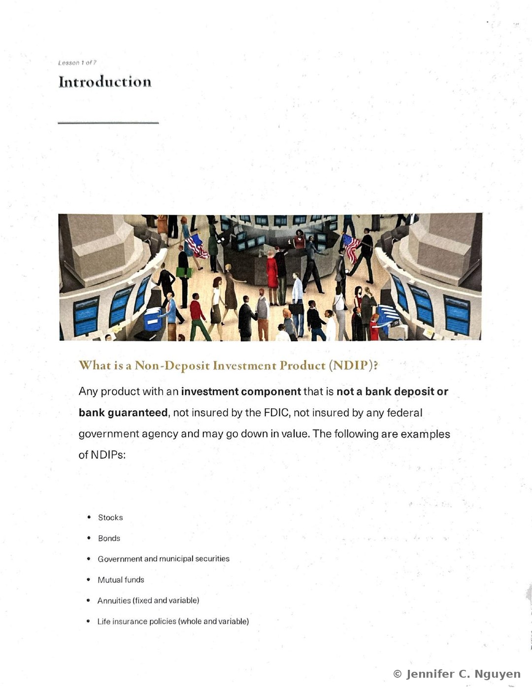 Introduction slide with an illustrated stock exchange trading floor scene showing diverse figures at computer monitor booths beneath American flags, followed by a definition of a Non-Deposit Investment Product as any product with an investment component that is not a bank deposit or bank guaranteed, not FDIC insured, not insured by any federal government agency, and may go down in value, accompanied by a bulleted list of examples including stocks, bonds, government and municipal securities, mutual funds, annuities, and life insurance policies