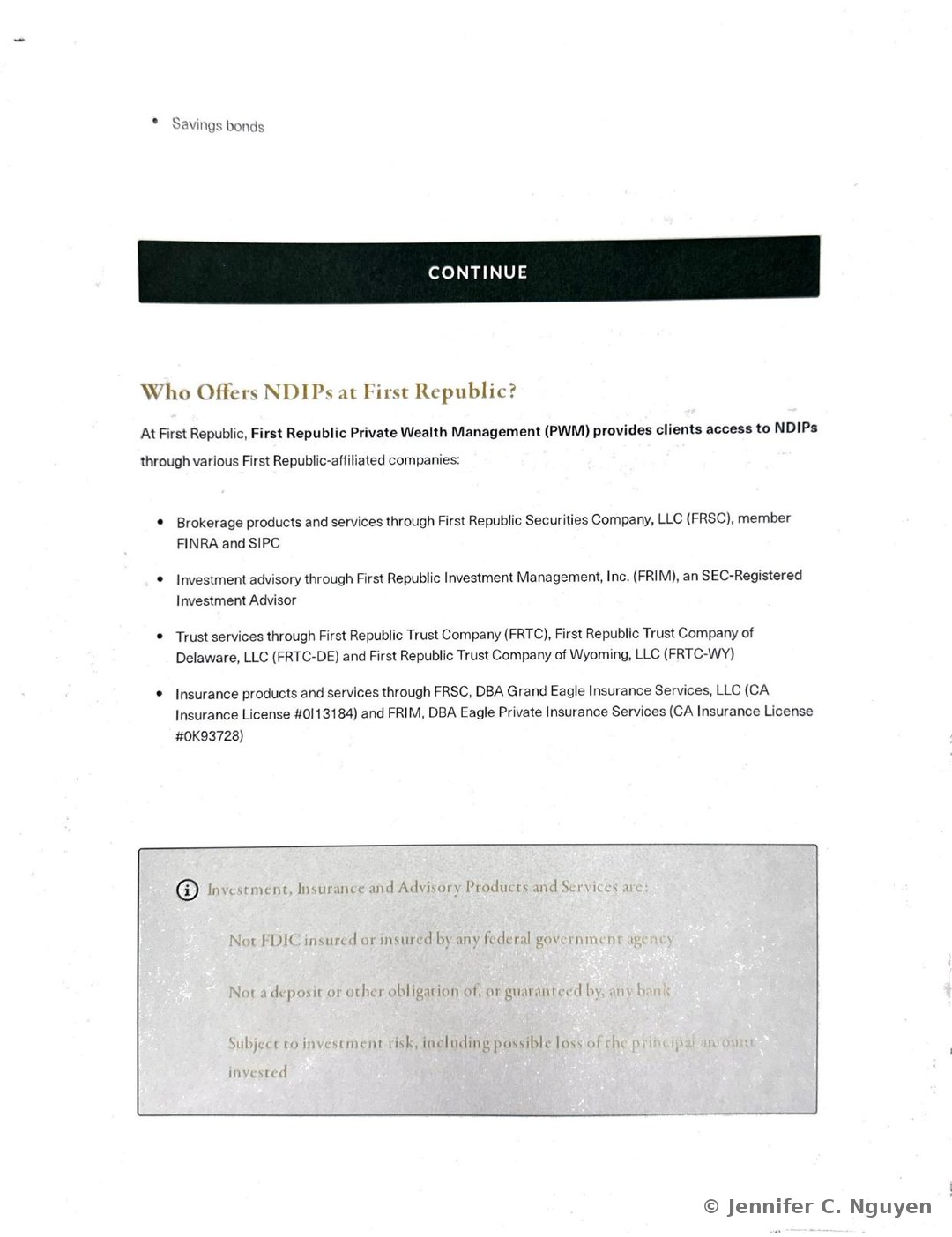 Who Offers NDIPs at First Republic slide explaining that First Republic Private Wealth Management provides clients access to NDIPs through affiliated companies, with bullets naming brokerage products through First Republic Securities Company (FRSC), investment advisory through First Republic Investment Management (FRIM), trust services through First Republic Trust Company and its Delaware and Wyoming affiliates, and insurance products through FRSC's Grand Eagle Insurance Services and FRIM's Eagle Private Insurance Services DBAs, followed by a gray disclosure box stating that investment, insurance, and advisory products are not FDIC insured, not a bank deposit or obligation, and subject to investment risk including possible loss of principal