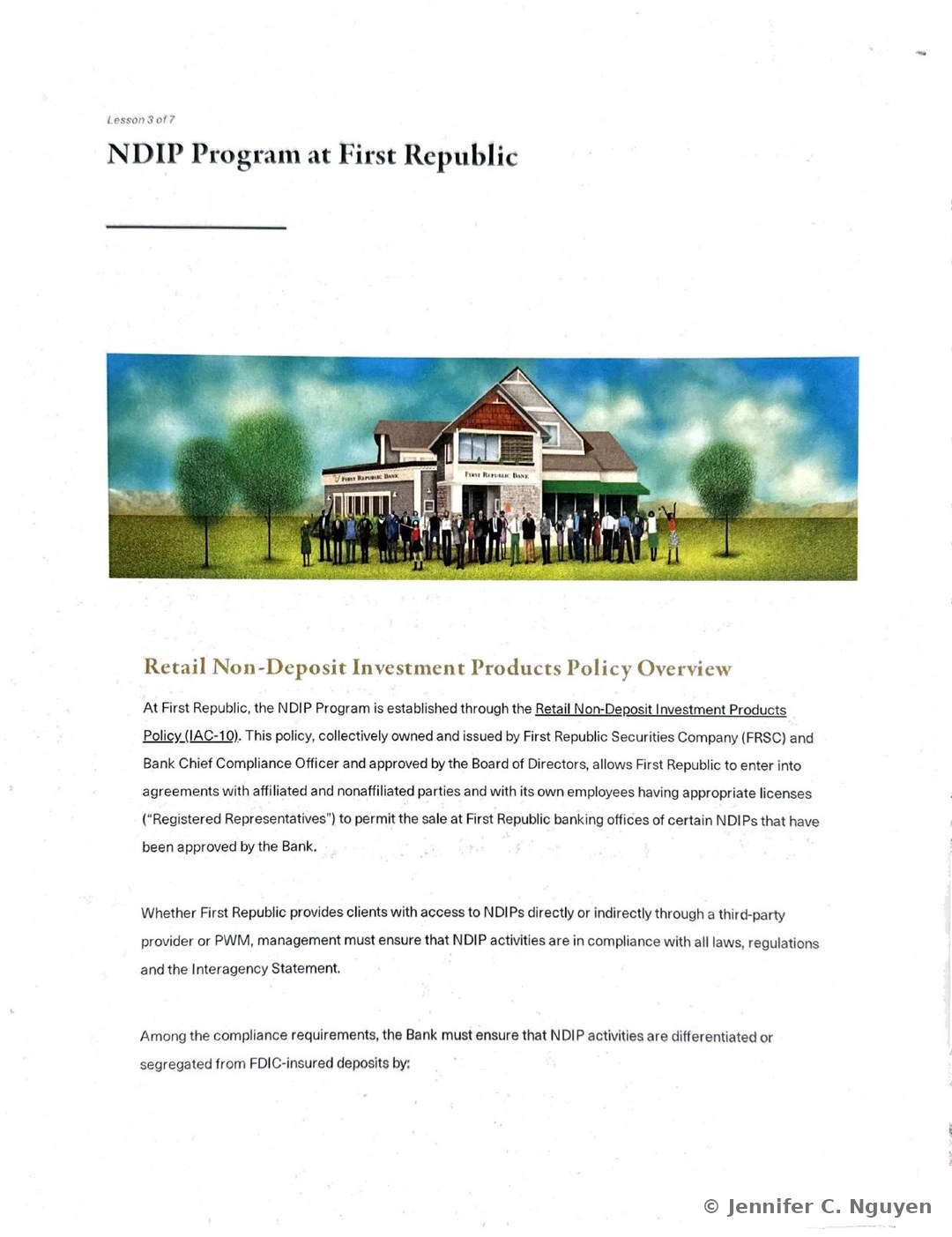 NDIP Program at First Republic slide with an illustration of a two-story First Republic Bank branch building and a diverse group of employees and clients gathered on the lawn outside under a blue sky, followed by a Retail Non-Deposit Investment Products Policy Overview paragraph explaining that the IAC-10 policy is collectively owned by First Republic Securities Company and the Bank Chief Compliance Officer, approved by the Board of Directors, and permits agreements with affiliated and nonaffiliated parties and licensed employees called Registered Representatives